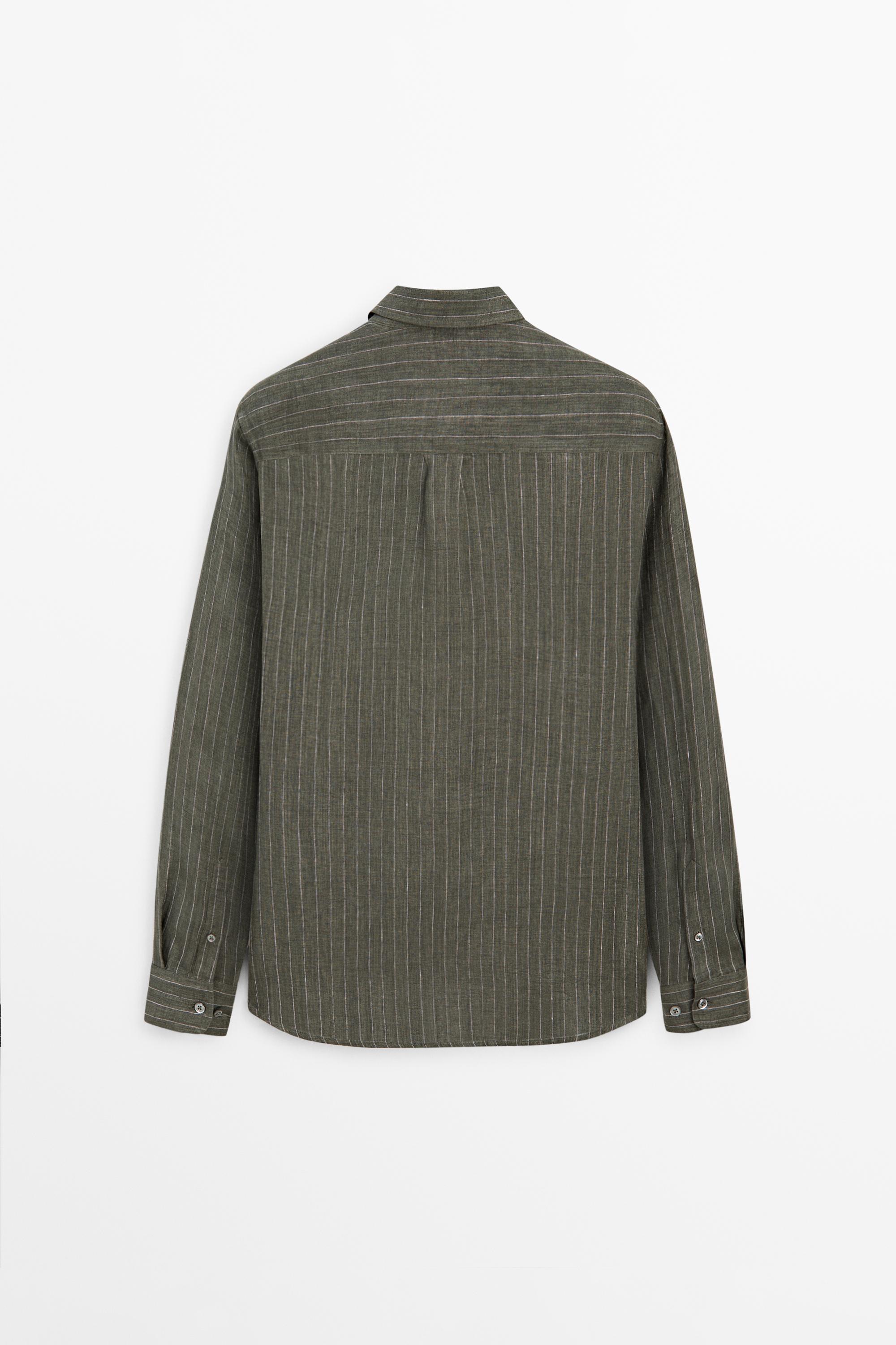 100% linen regular fit striped flowing shirt — GREEN MARL