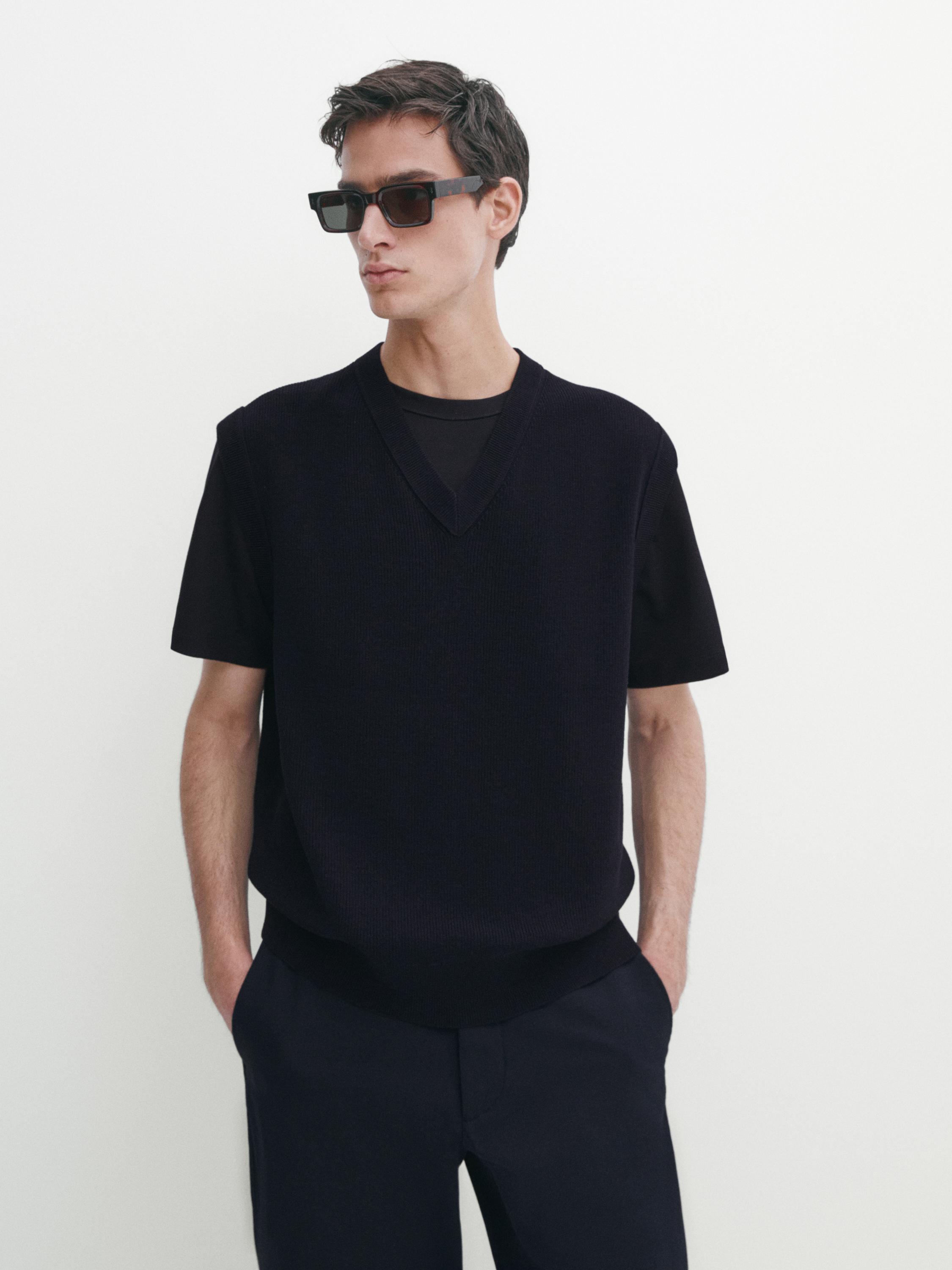 Veste sans manches à col en V en coton mélangé