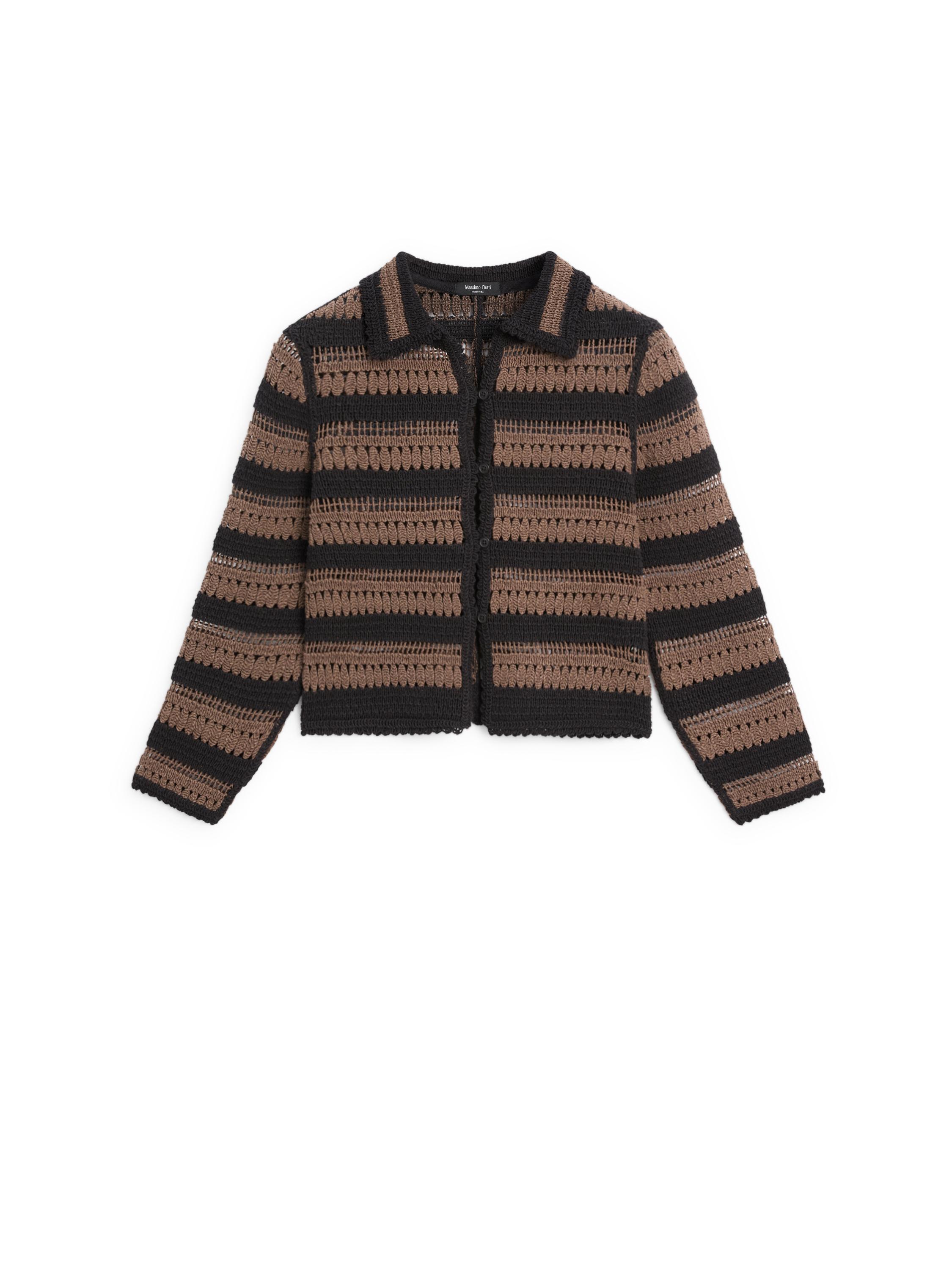 Short striped crochet knit cardigan — BROWN
