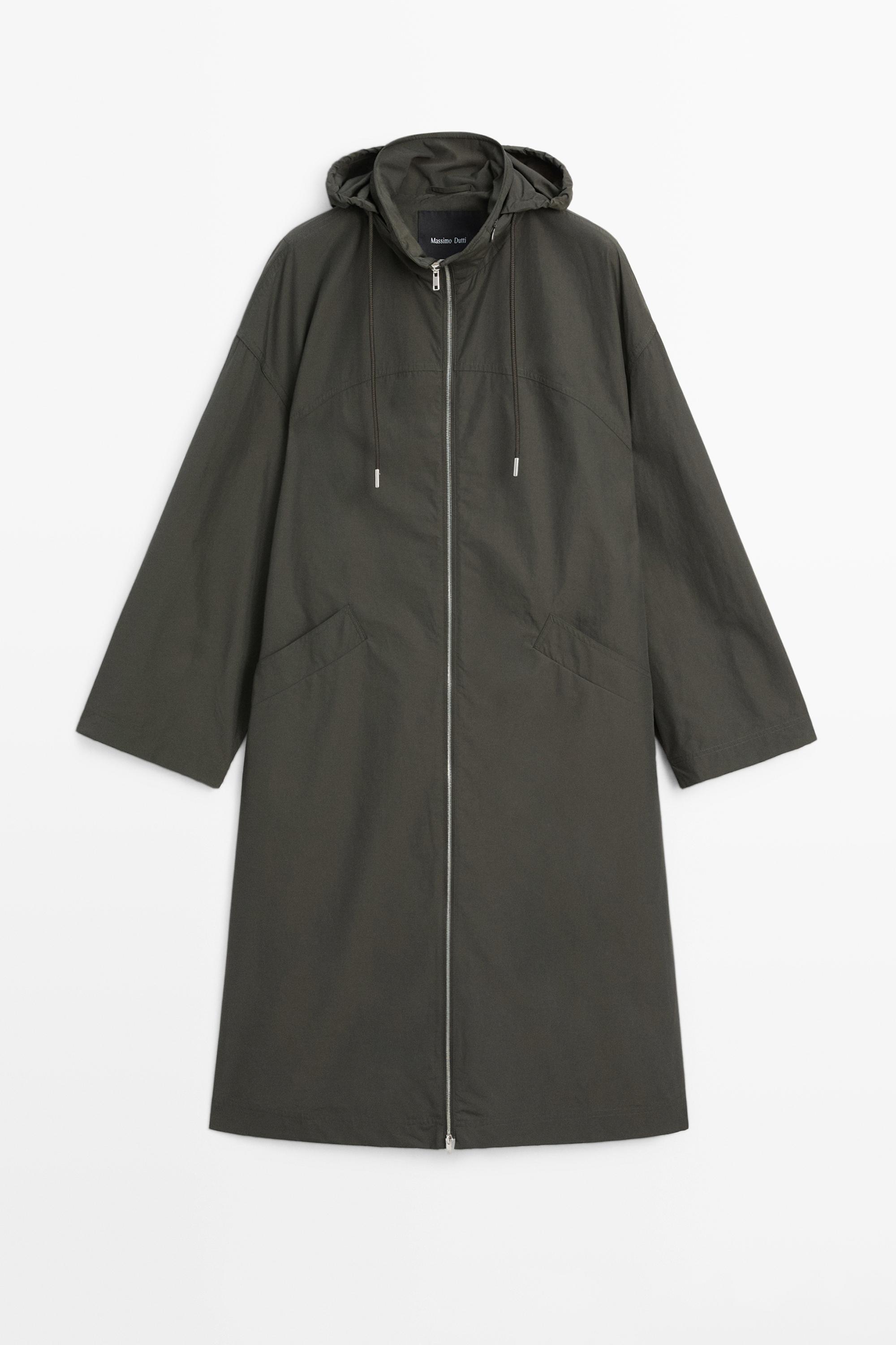 Technical fabric trench coat with hood — BOTTLE GREEN