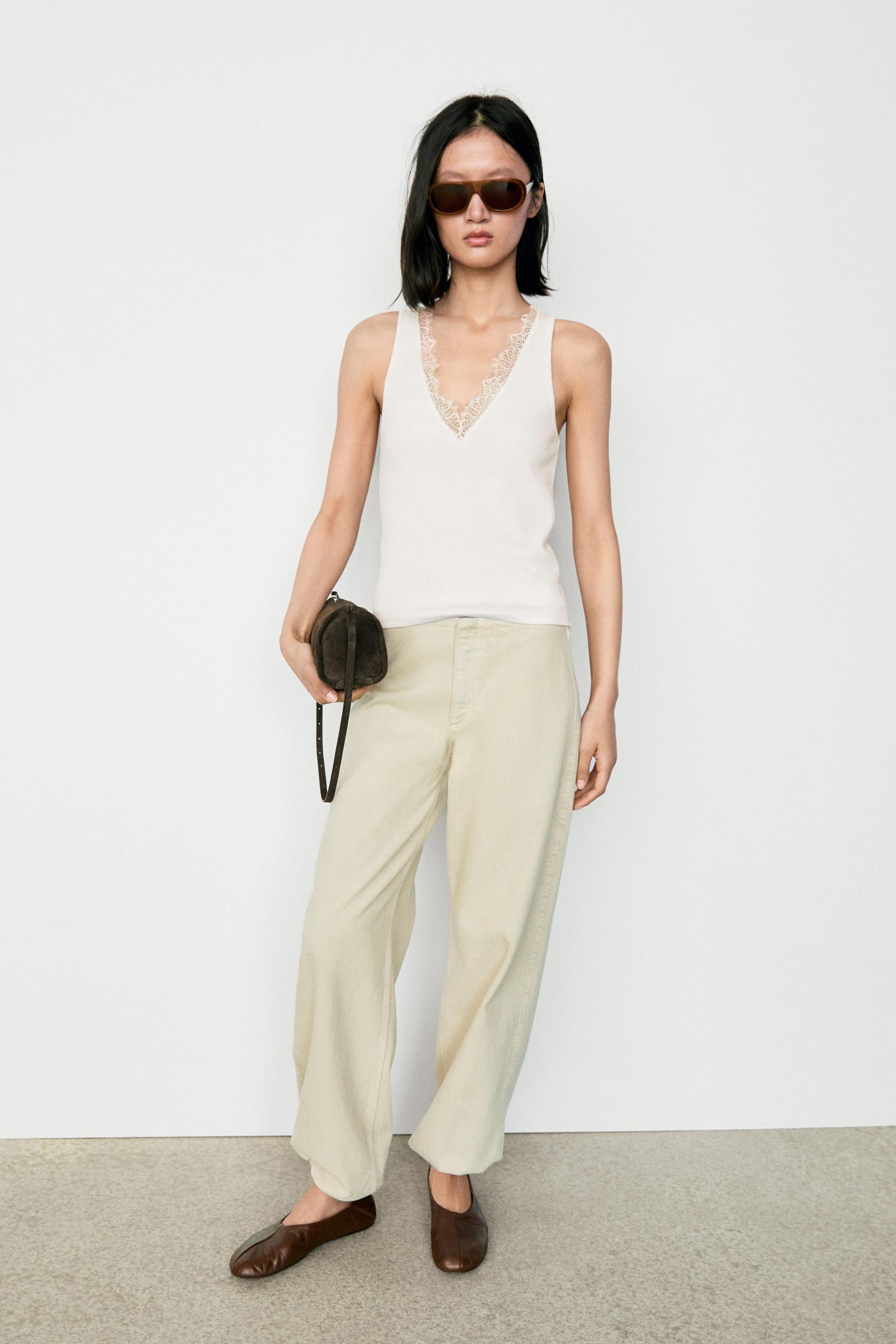 V-neck lace trim camisole top — CREAM