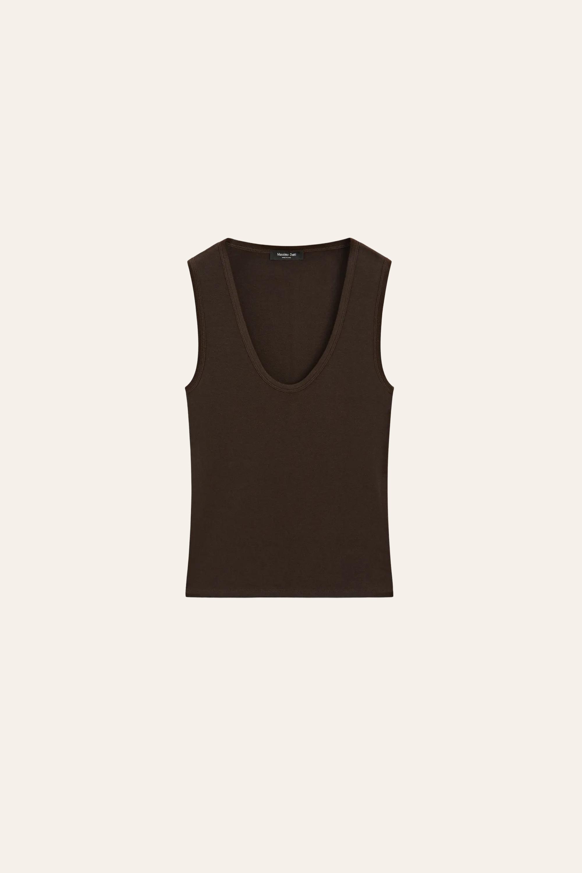 Cotton blend V-neck top — BROWN