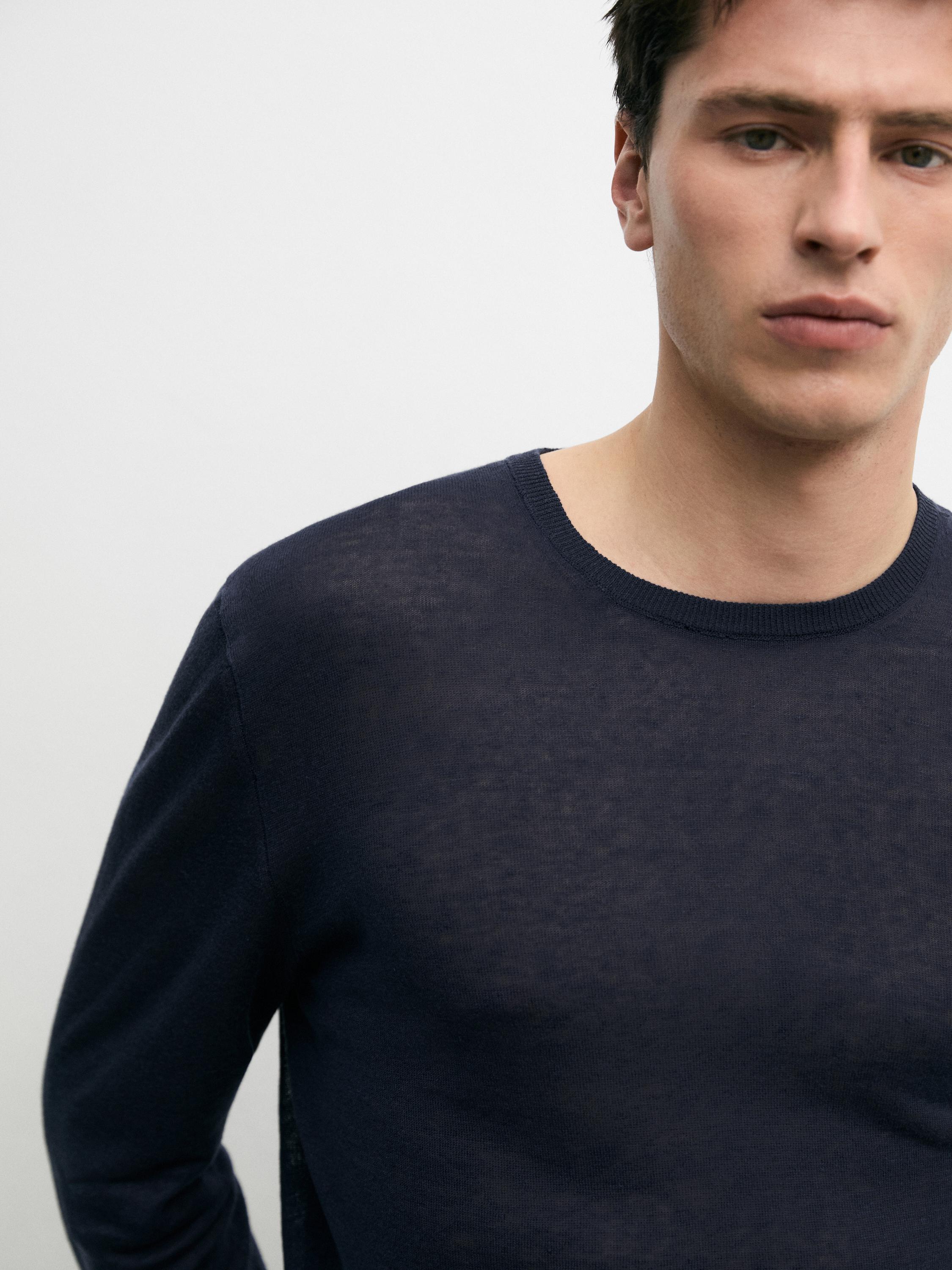 Linen and cashmere knit crew neck sweater — NAVY BLUE