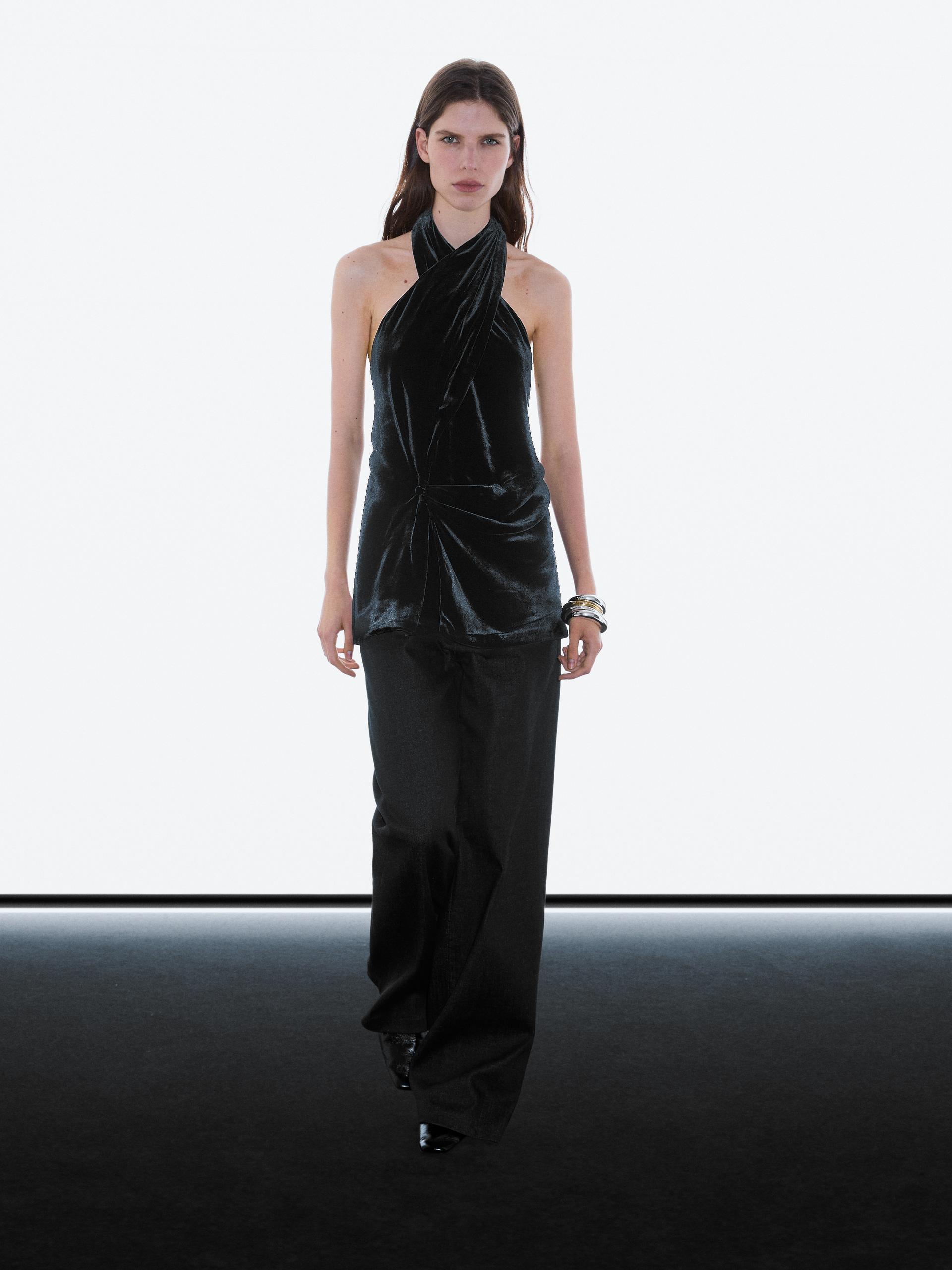 Massimo Dutti Velvet Halterneck Top In Blue