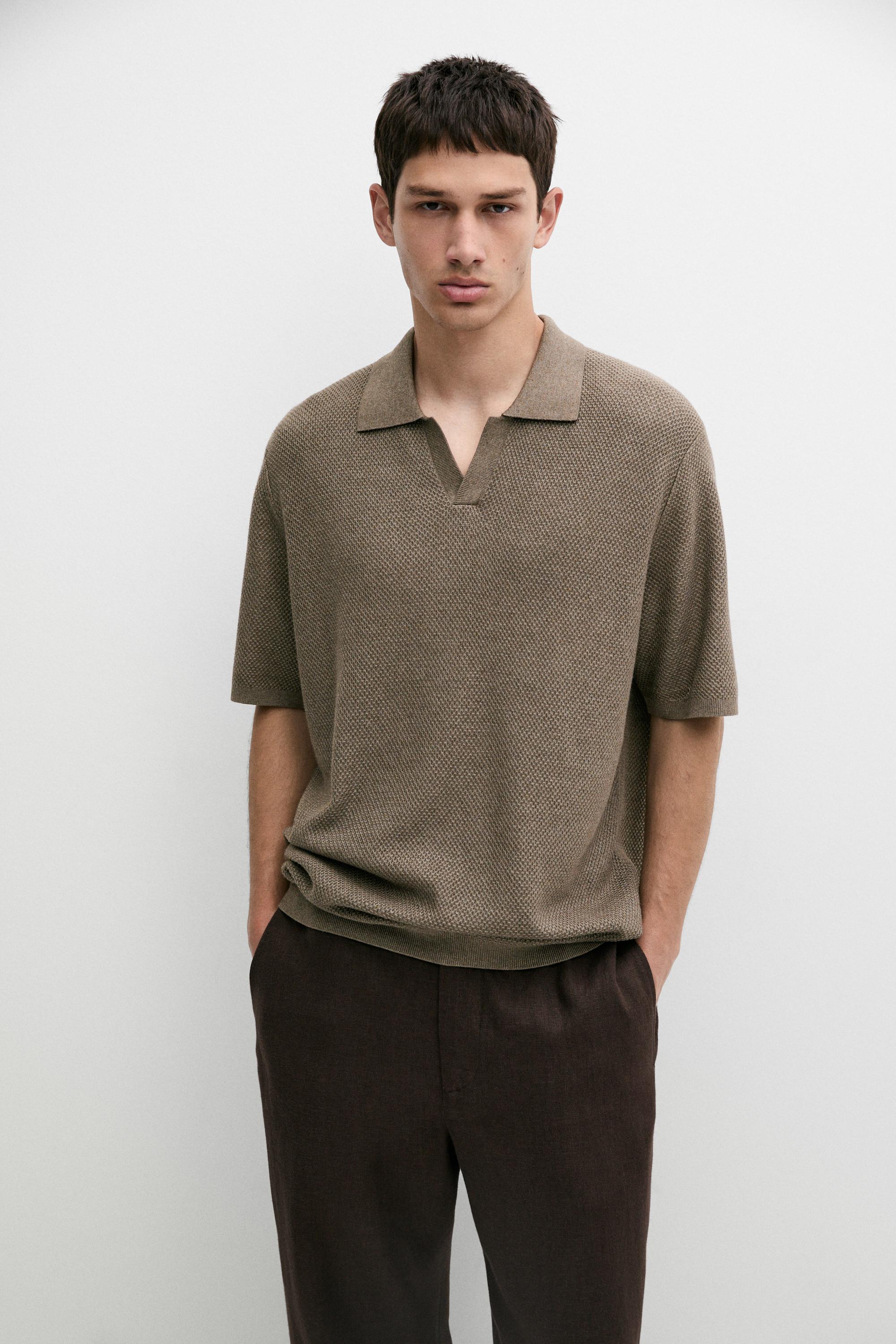 Cotton blend knit V-neck polo shirt