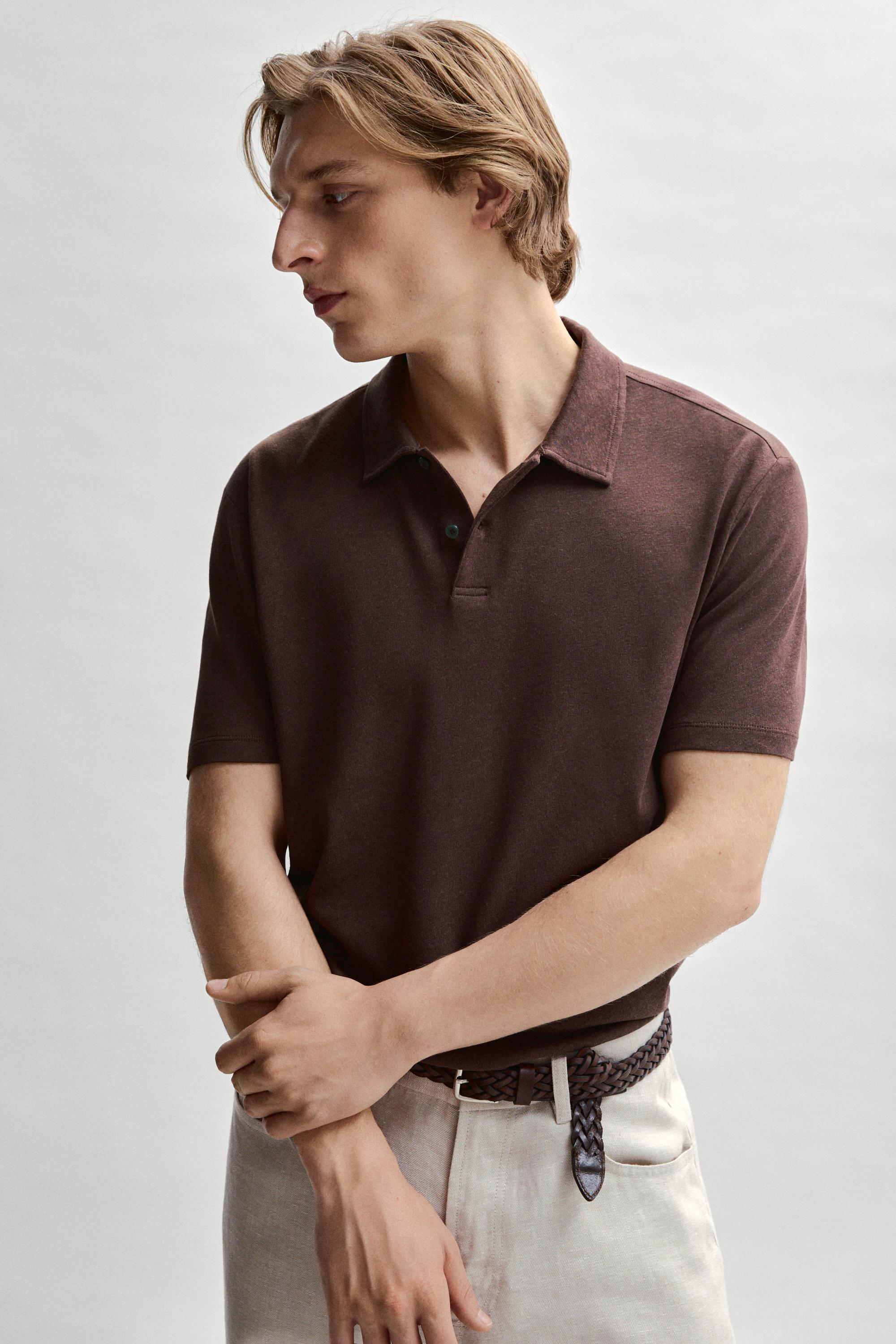 Linen and cotton short sleeve polo shirt — BURGUNDY