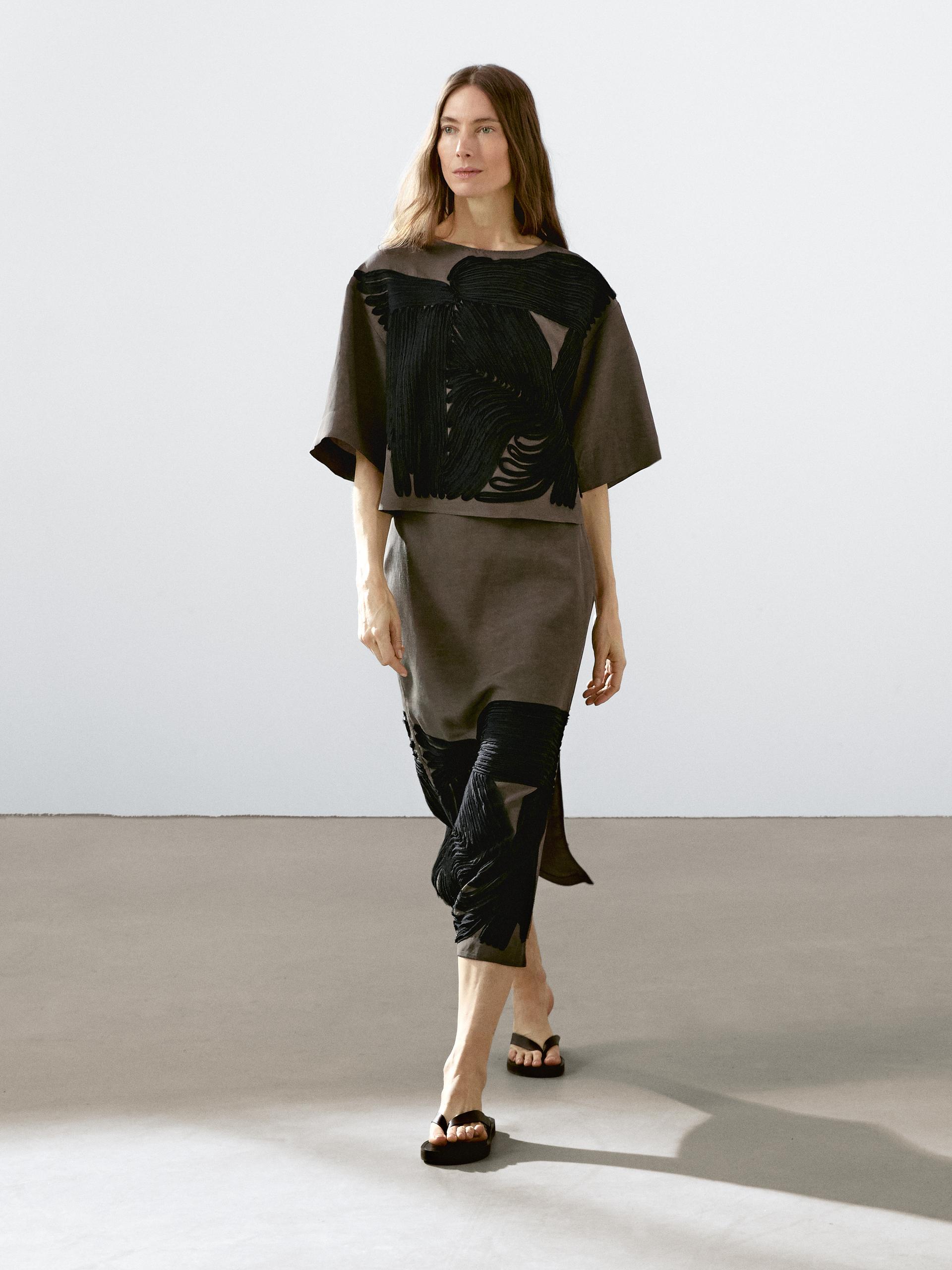 Gonna Midi Con Nastri A Contrasto - Kaki - 36 (It 40) - Massimo Dutti - Femminile