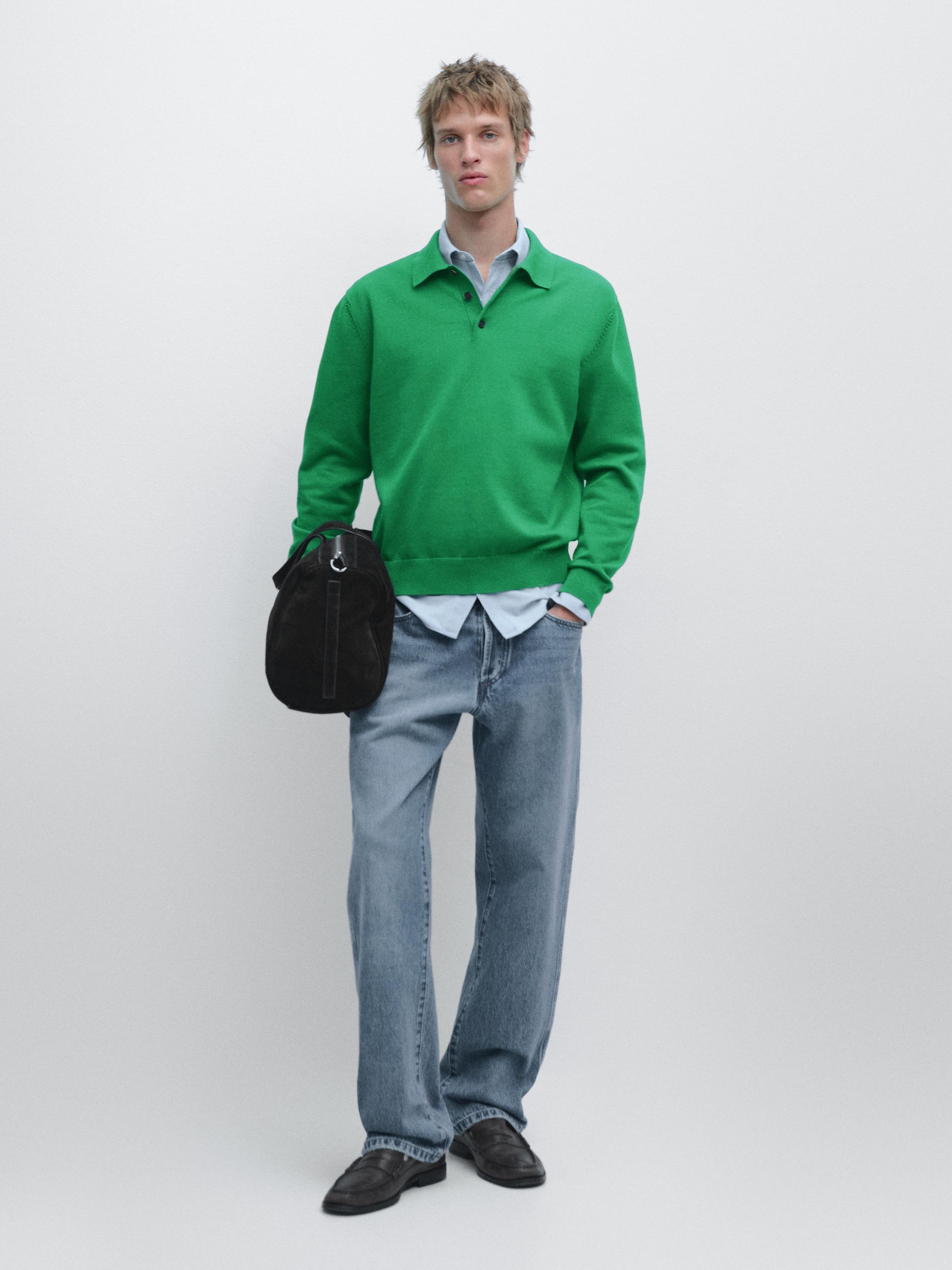 Cotton knit polo collar sweater — Green billiard