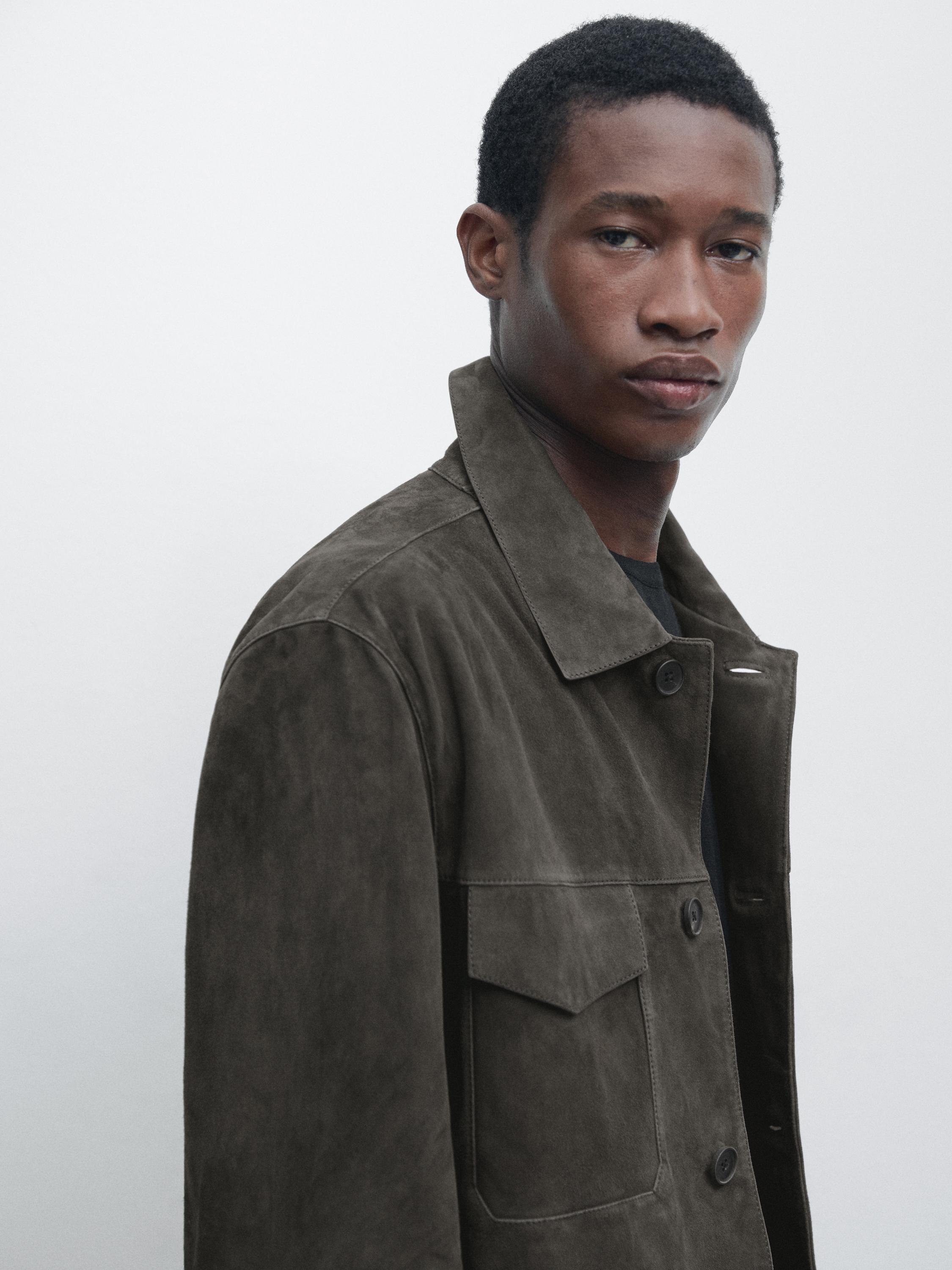 Suede leather jacket with pockets — BLUISH GREY