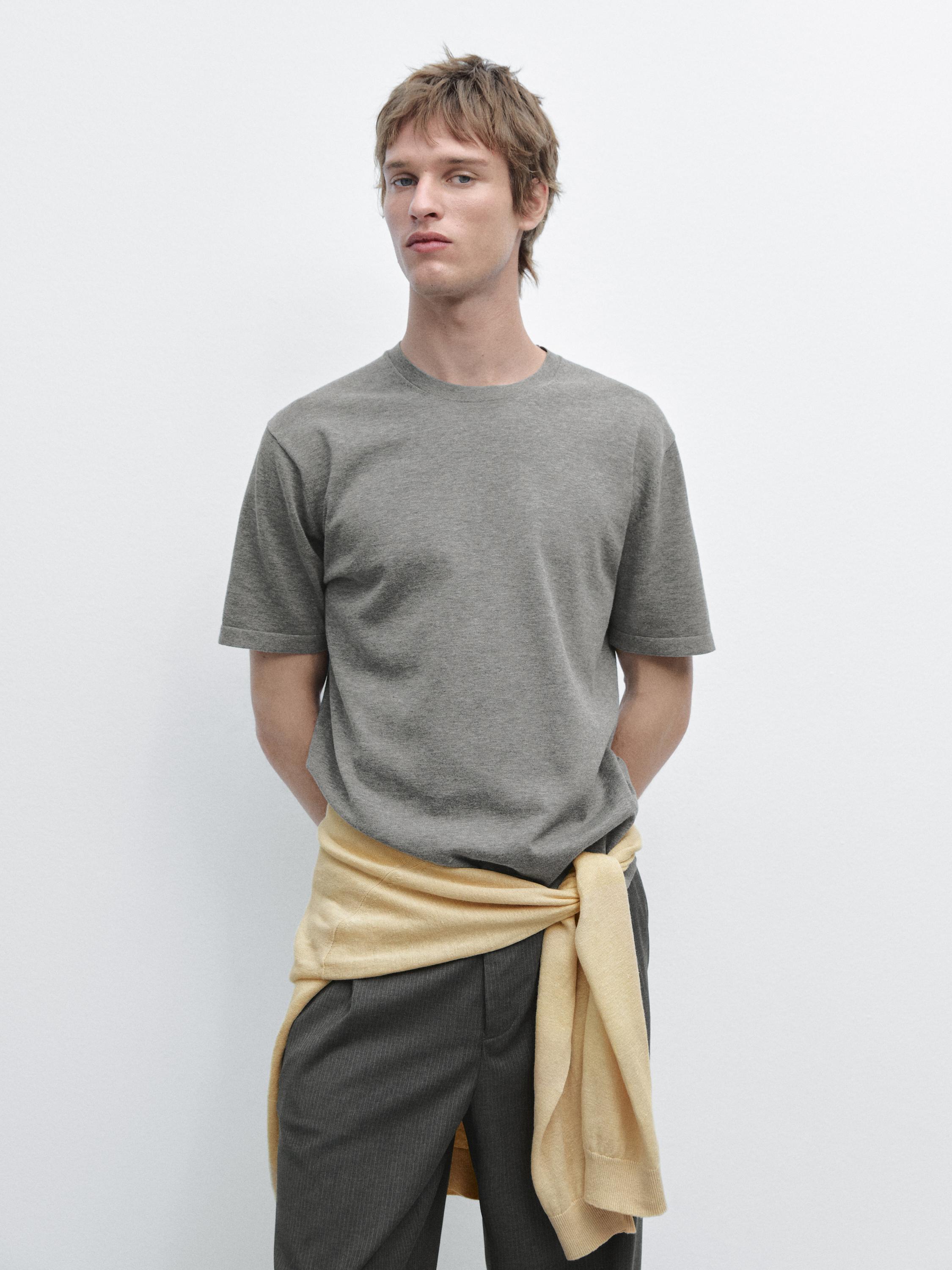 100% cotton short sleeve knit sweater — MEDIUM GREY