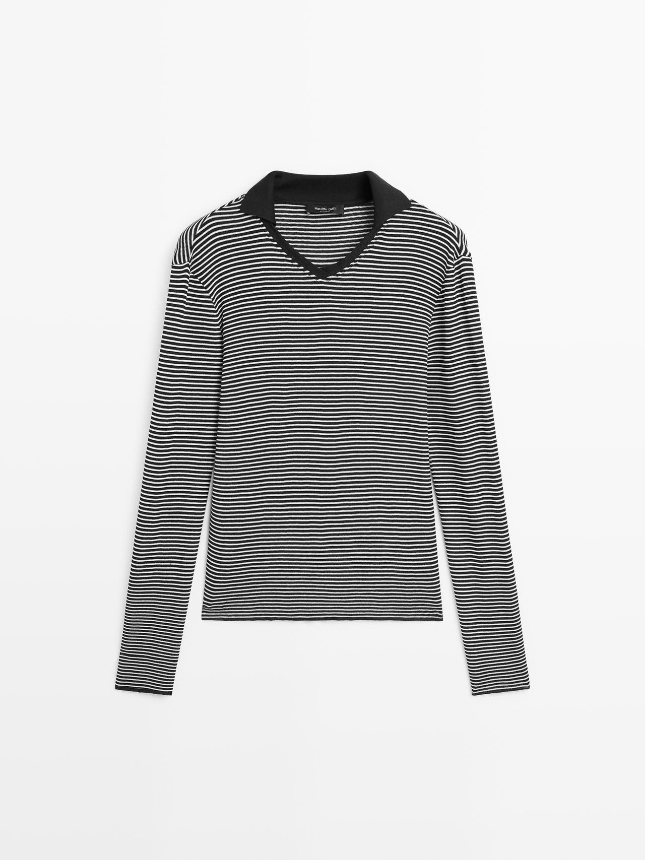 Massimo Dutti - Dame - Stribet, Langærmet Poloshirt - Sort - Xl