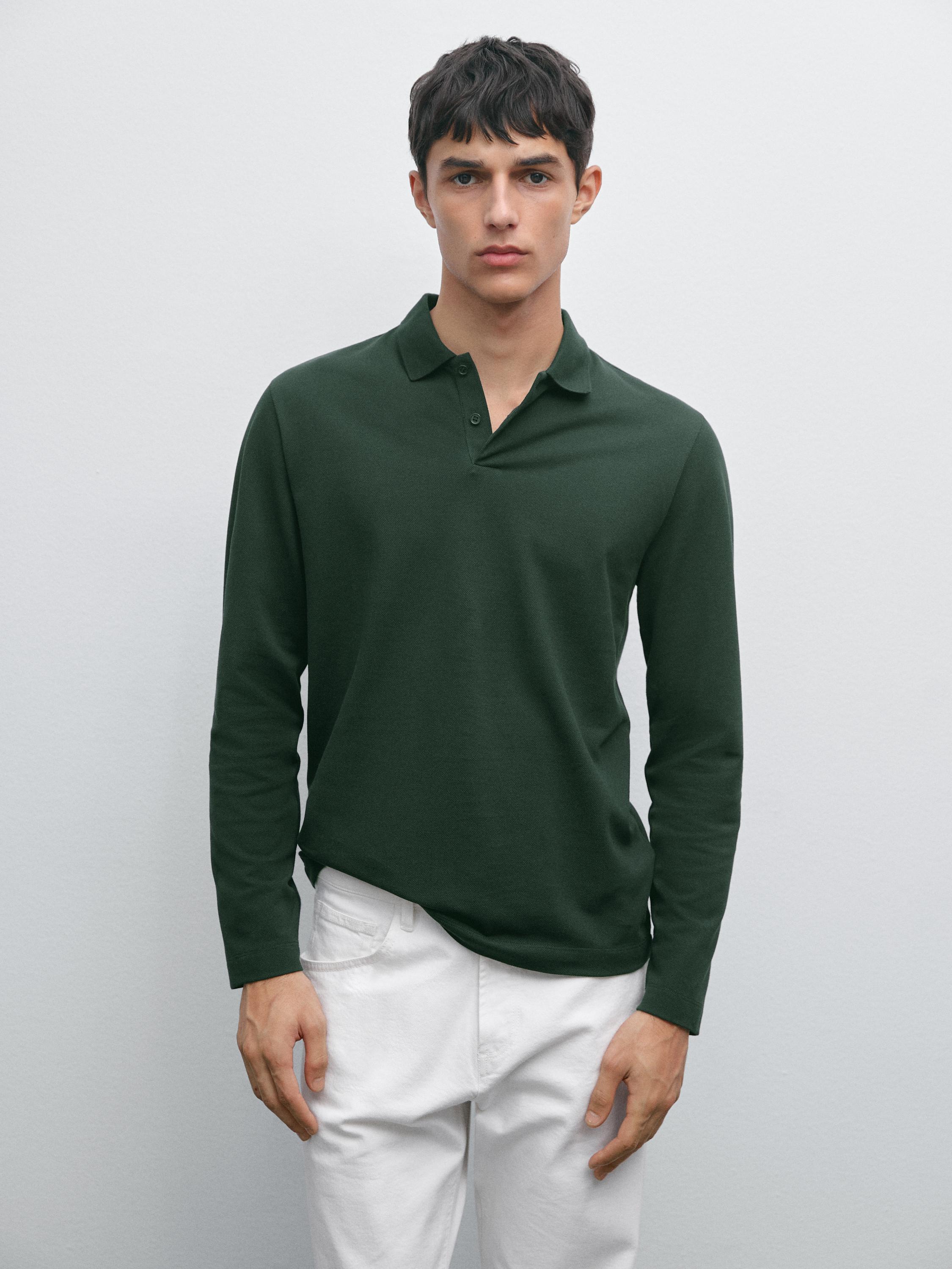 Long sleeve mercerised cotton piqué polo shirt