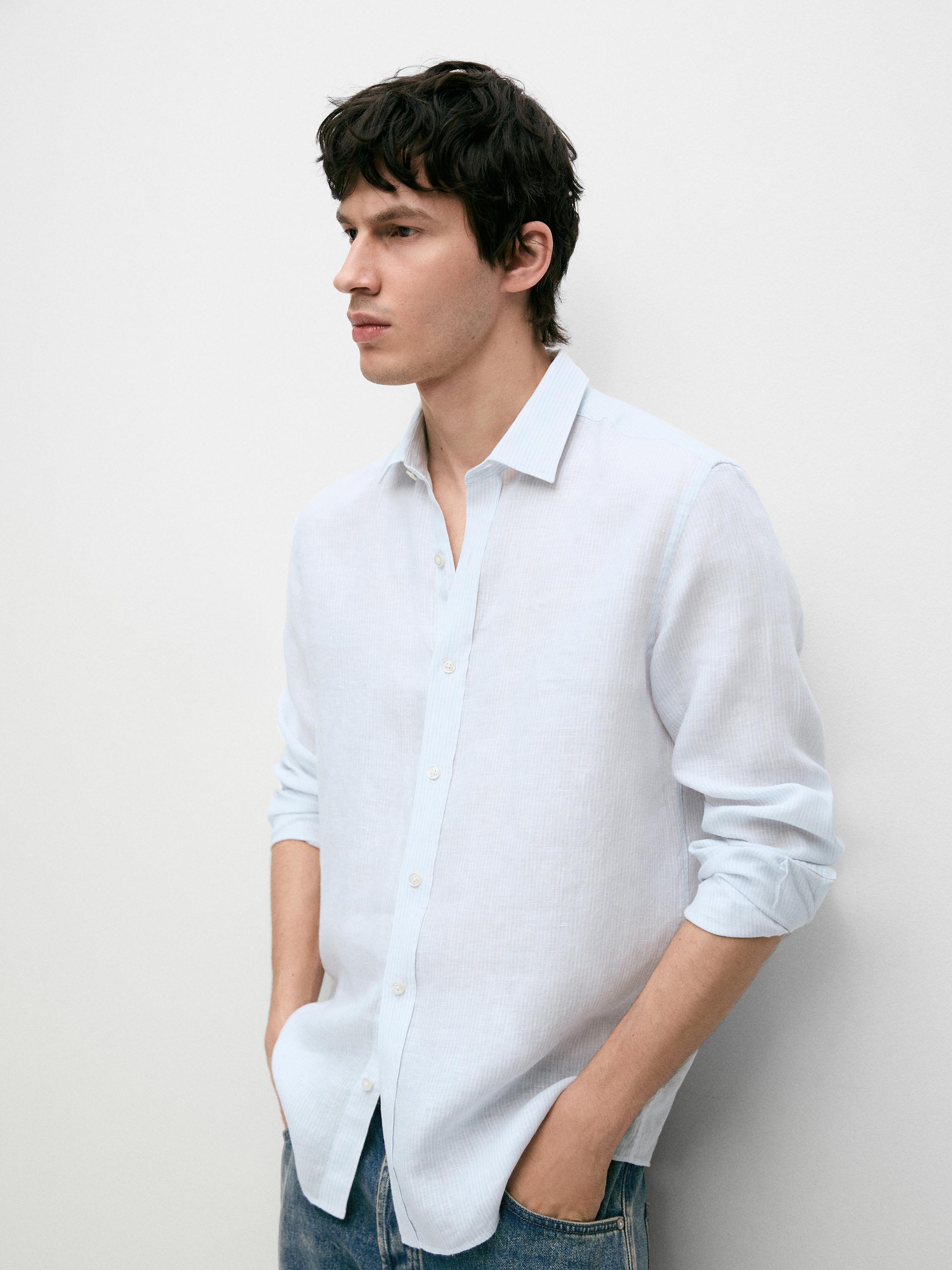 Striped slim fit linen shirt — Sky blue