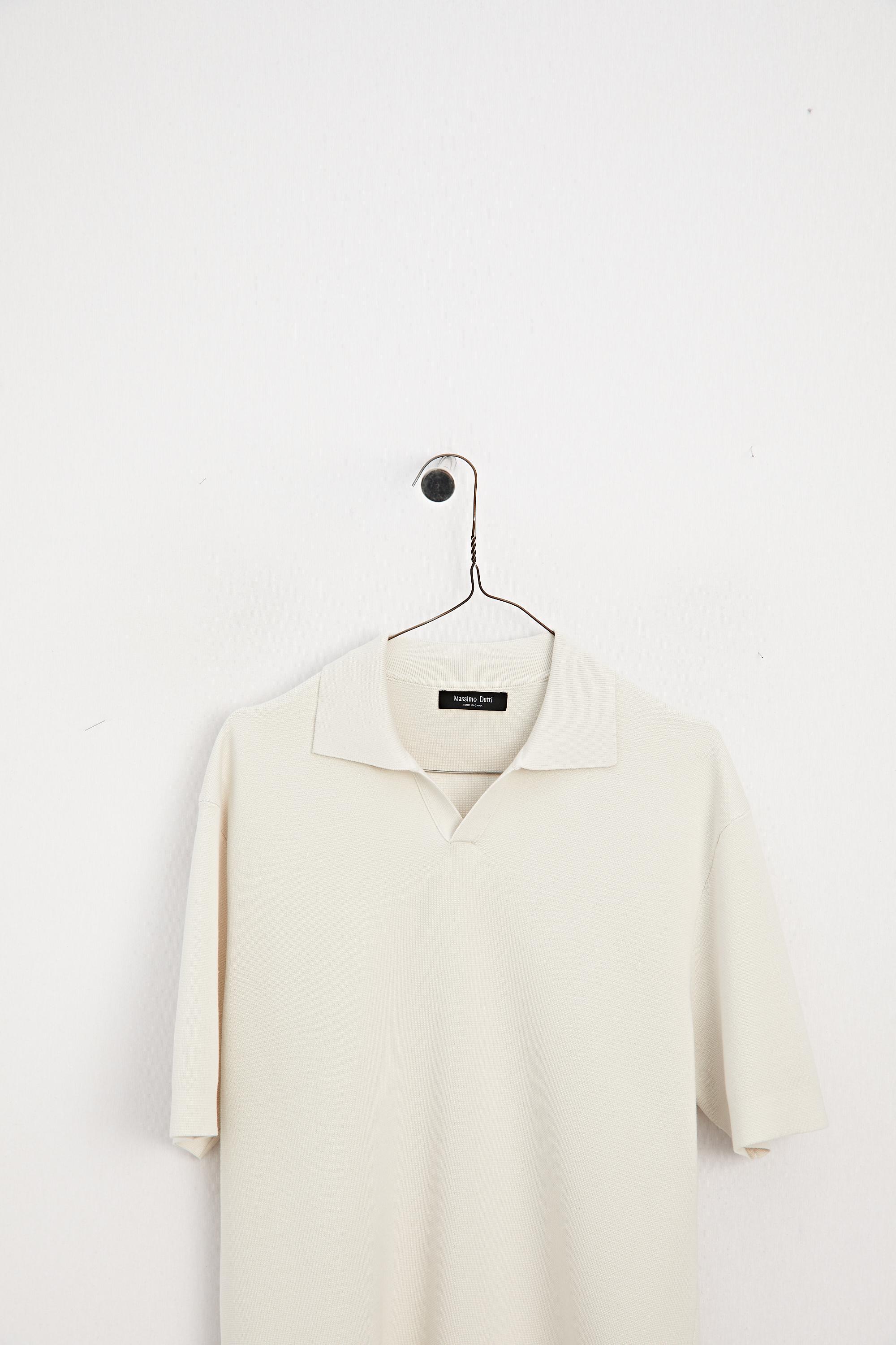 Flowing cotton blend knit polo shirt — CREAM