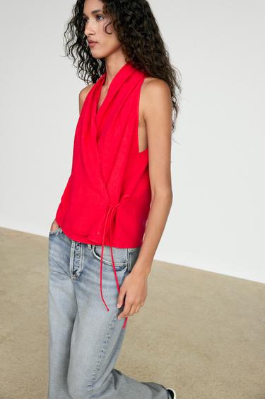 Linen halter top with tie detail — RED 8
