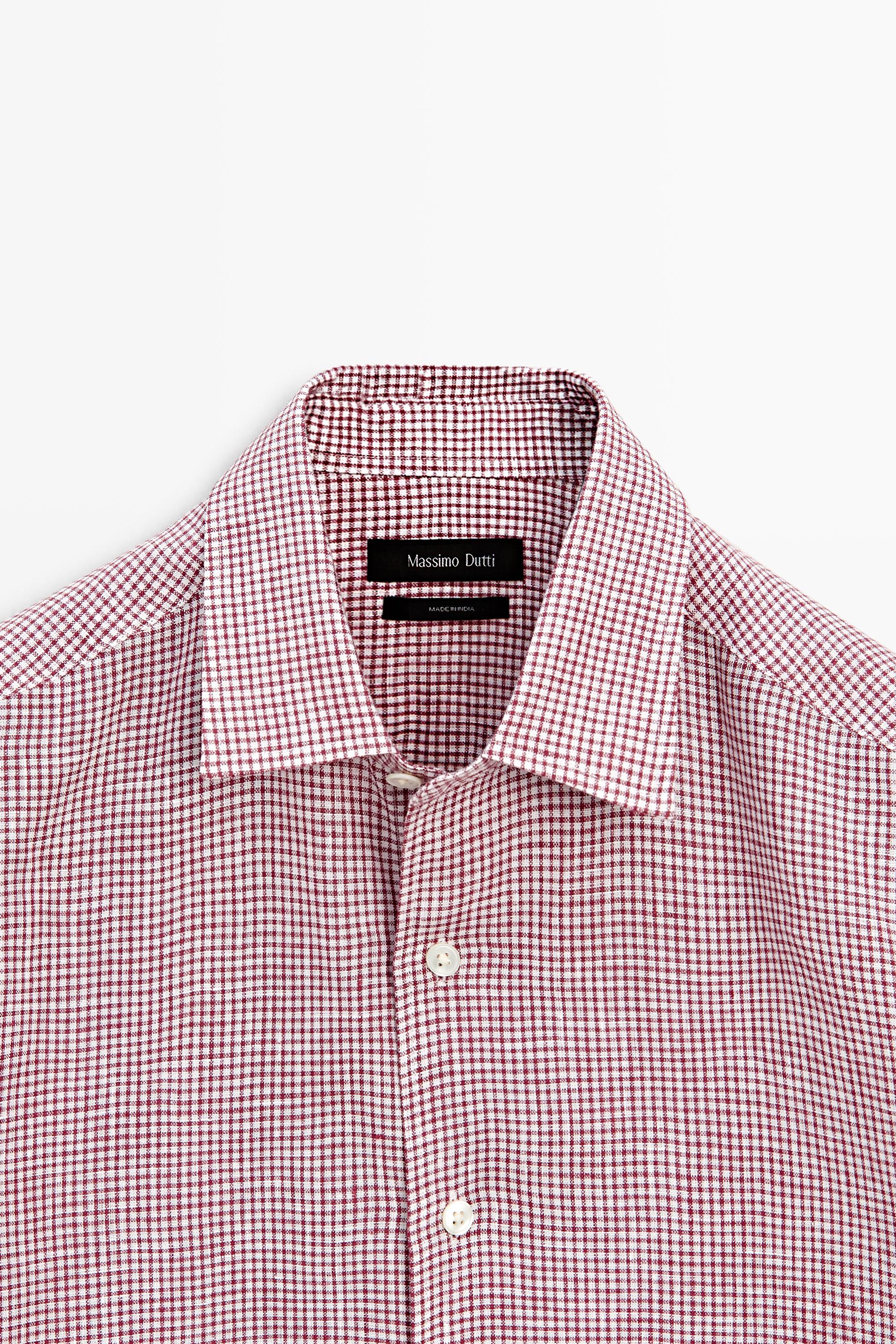 100% linen regular fit micro-checked shirt — BRIGHT RED