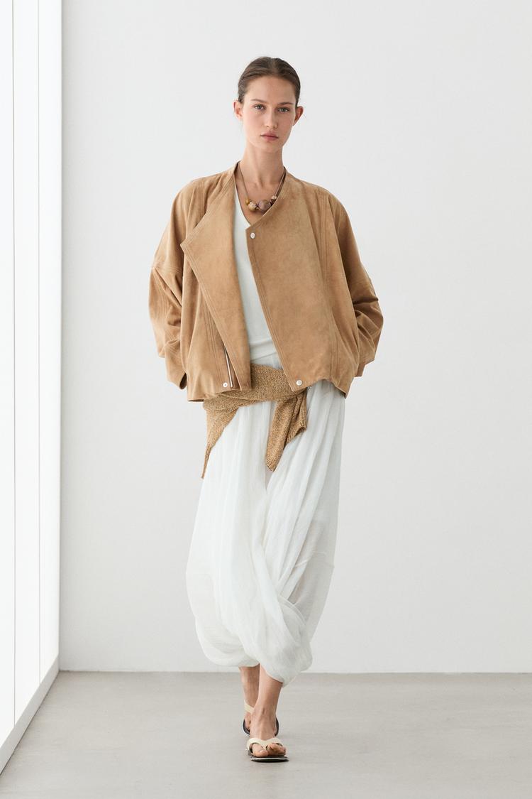 Suede leather double-breasted jacket — CAMEL