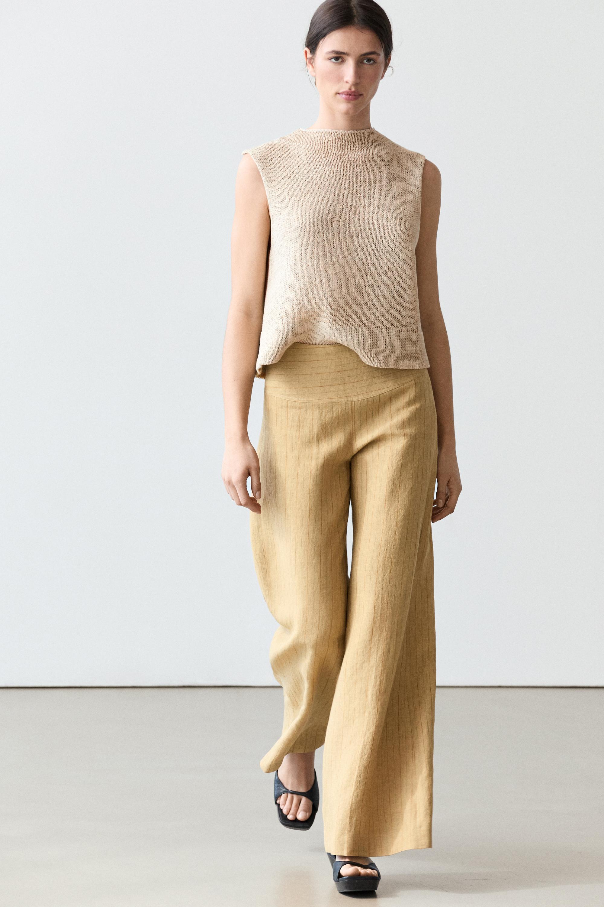 100% linen mid-waist flare pants — SAND