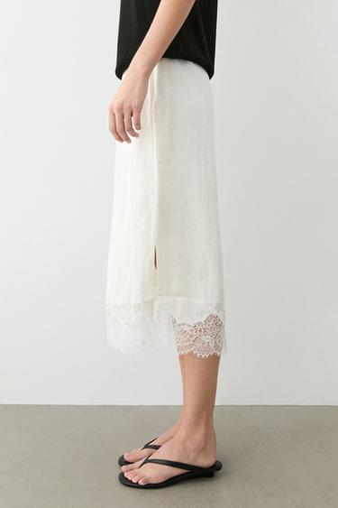 Flowing midi skirt with lace detail — WHITE 3