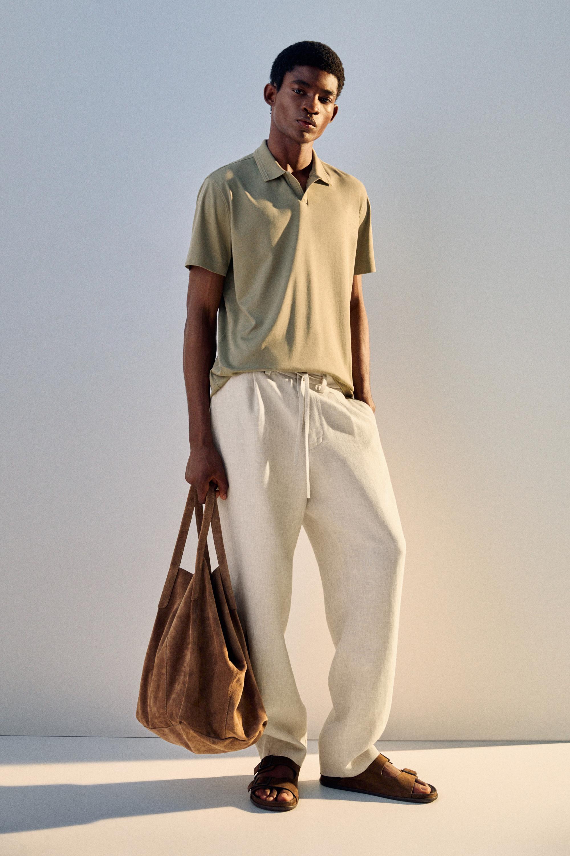 100% cotton V-neck knit polo — MOSS GREEN