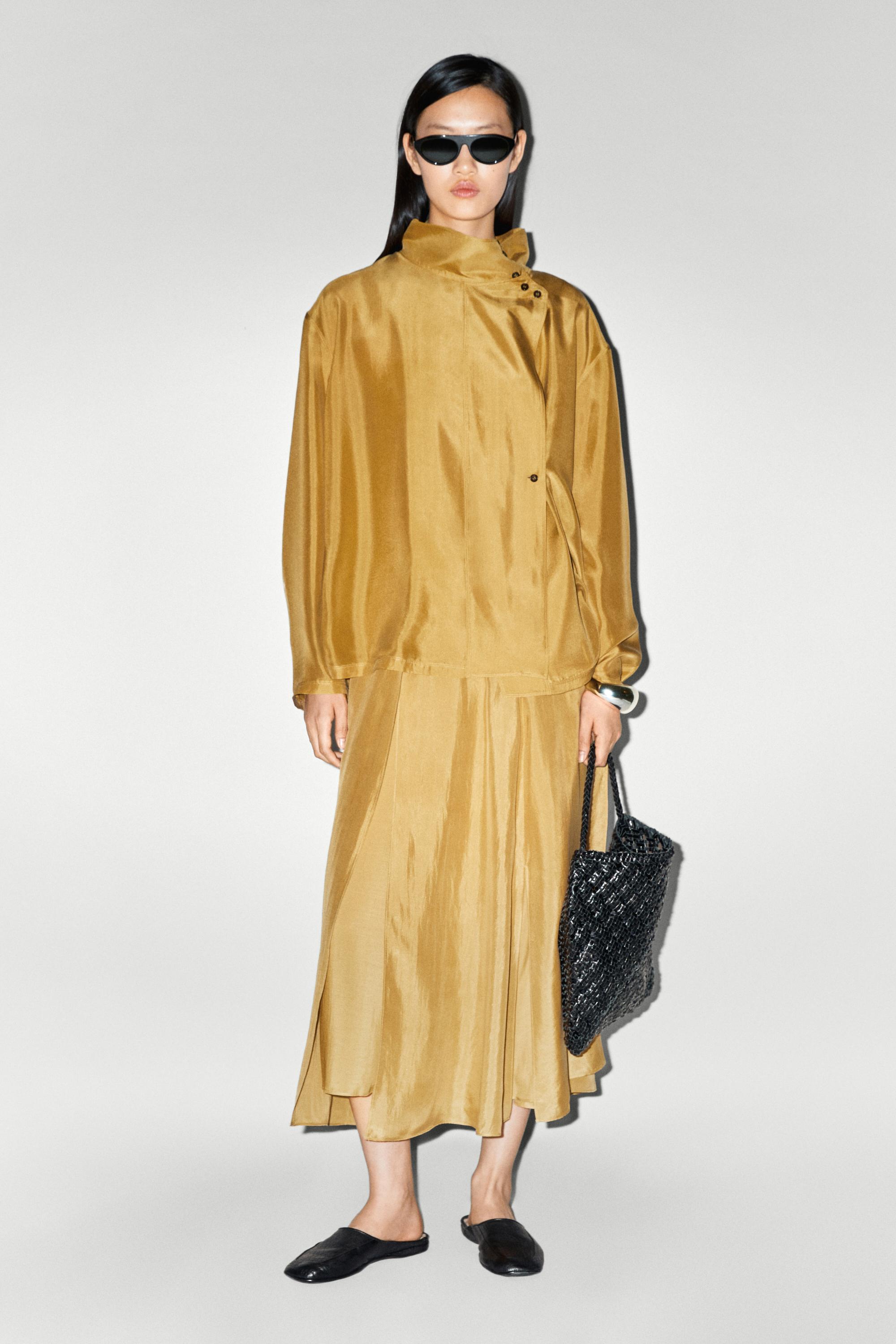 100% silk crossover mock neck shirt — MUSTARD YELLOW
