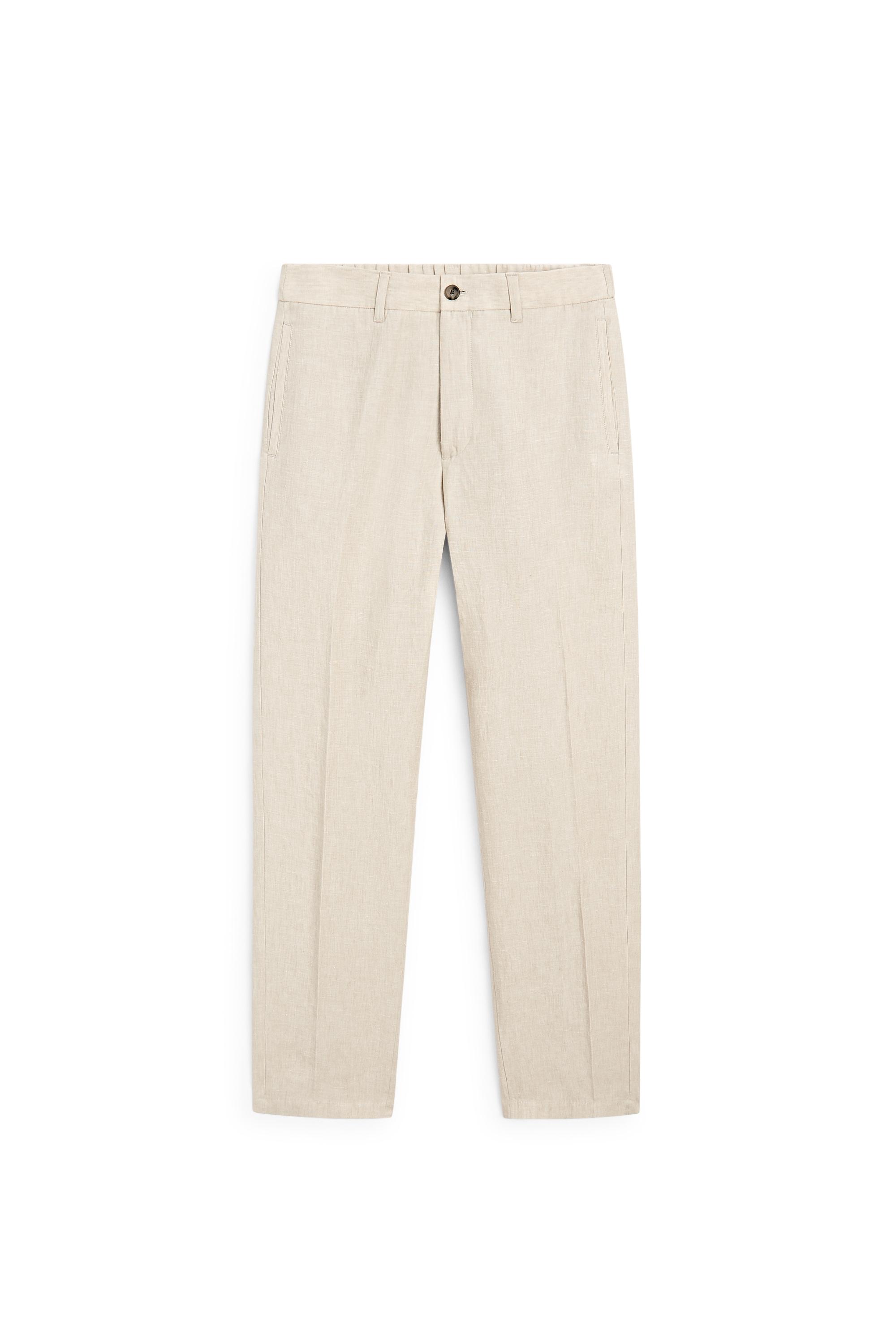 100% Linen Elastic-Waist Pants — BEIGE