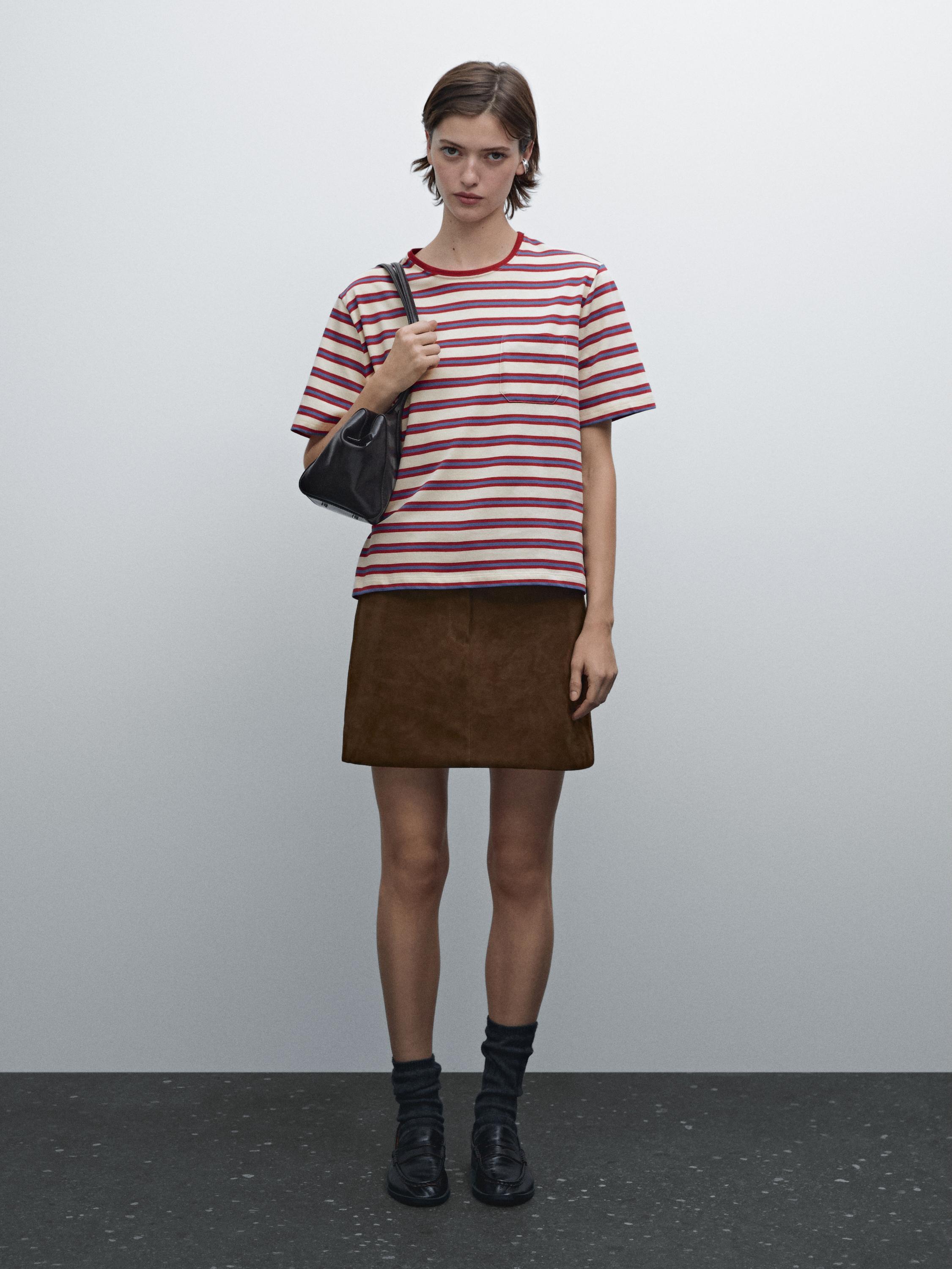 Multi-striped cotton T-shirt with pocket