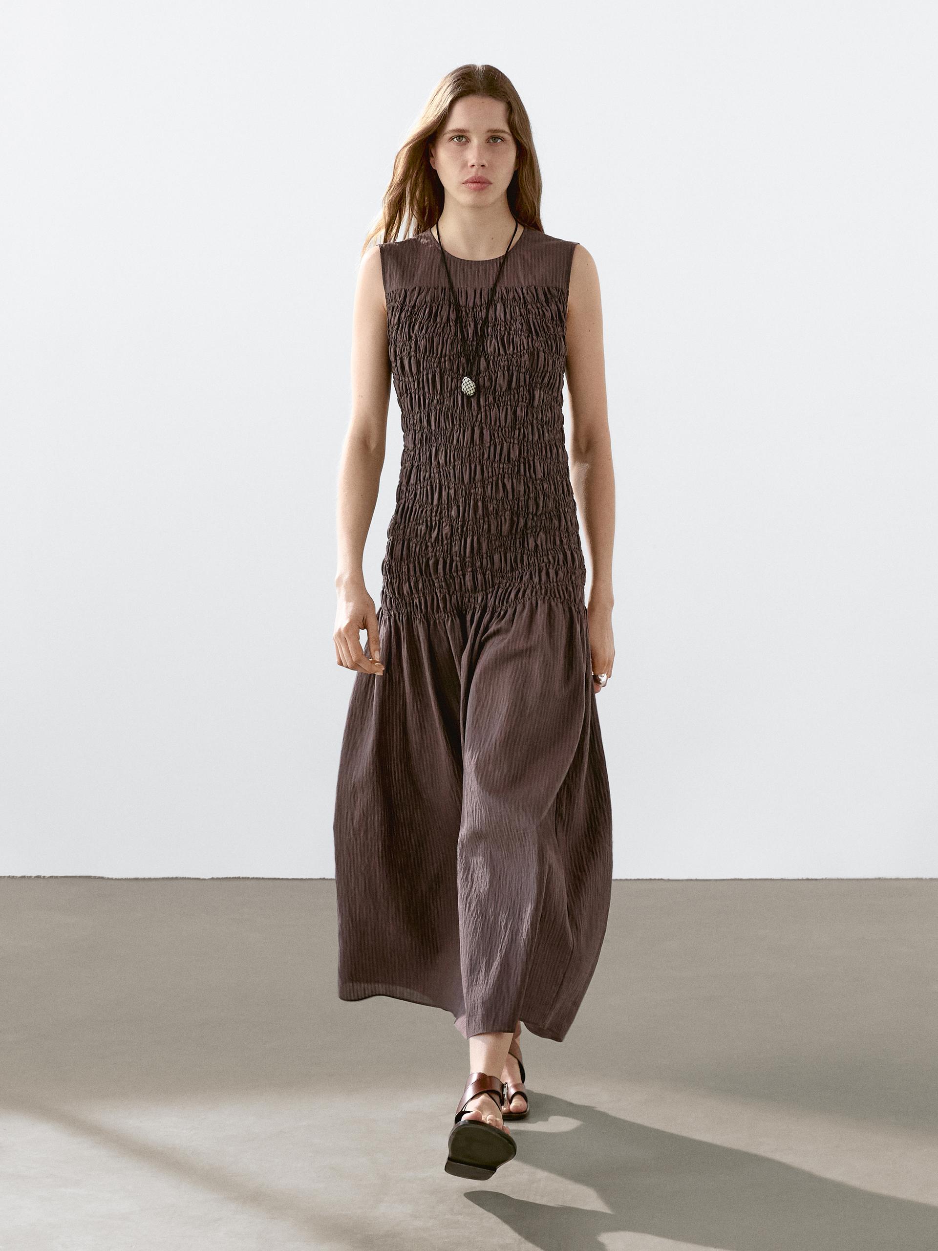 Vestito Lungo Balza Dettaglio Arricciato - Marrone - L - Massimo Dutti - Femminile