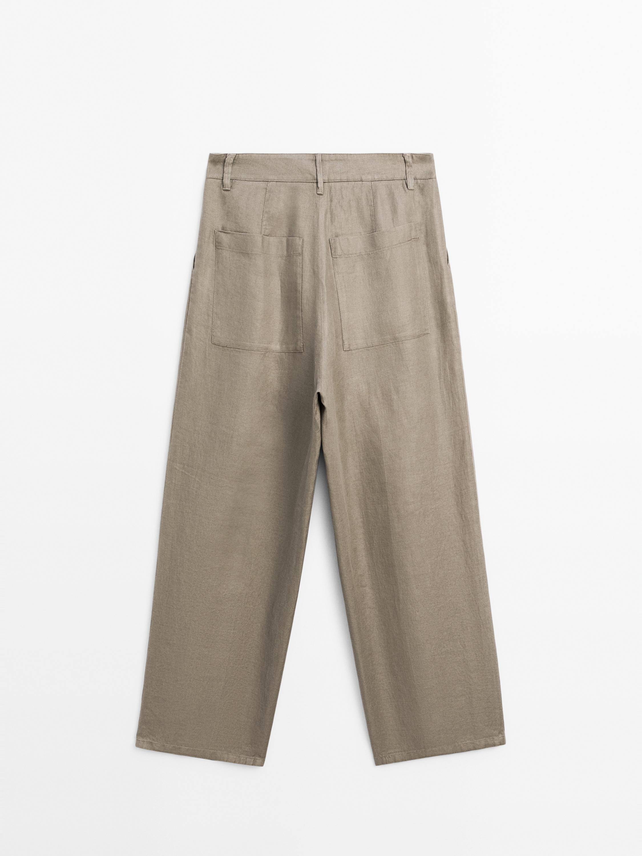 100% linen wide-leg mid-rise trousers