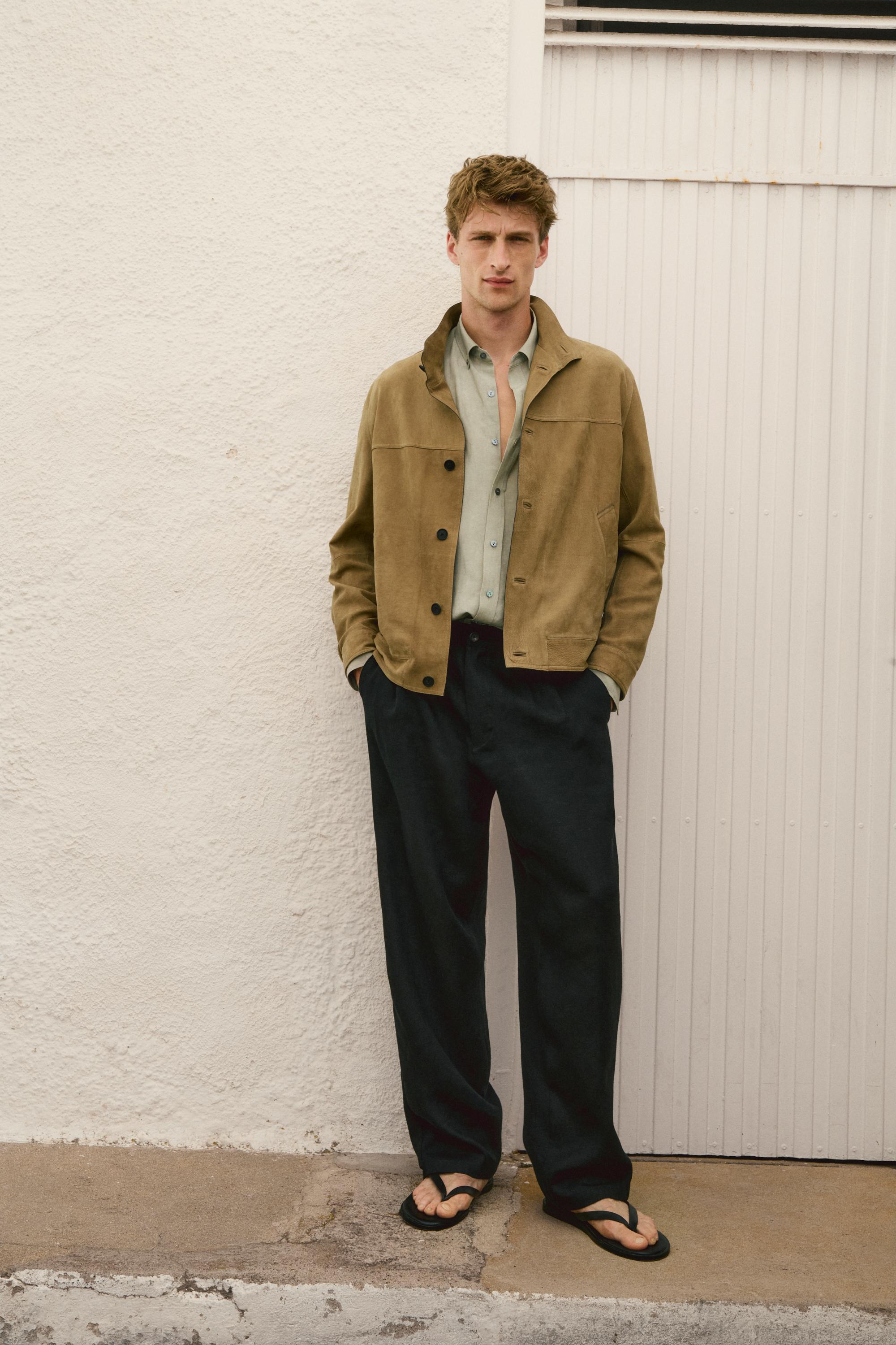 Nubuck leather jacket with stand-up collar — BEIGE