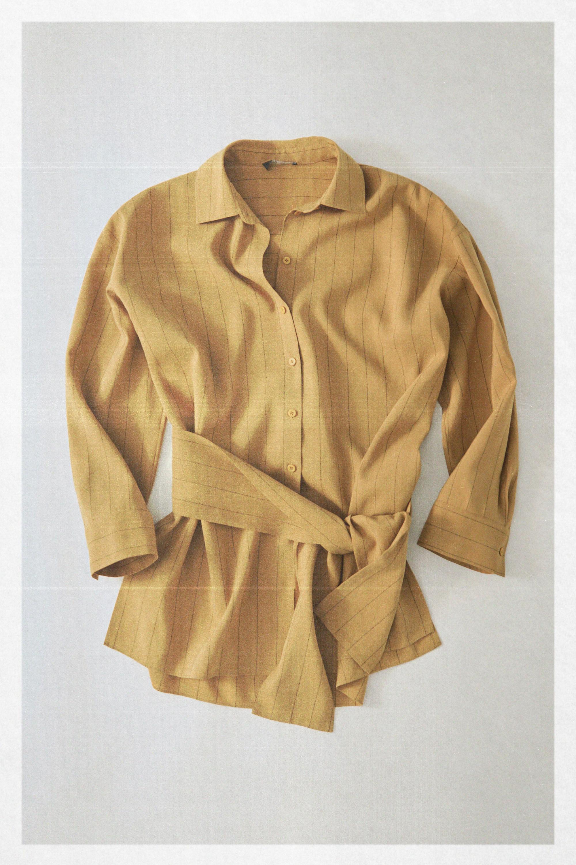 Striped flowing shirt with corset belt detail — MUSTARD YELLOW