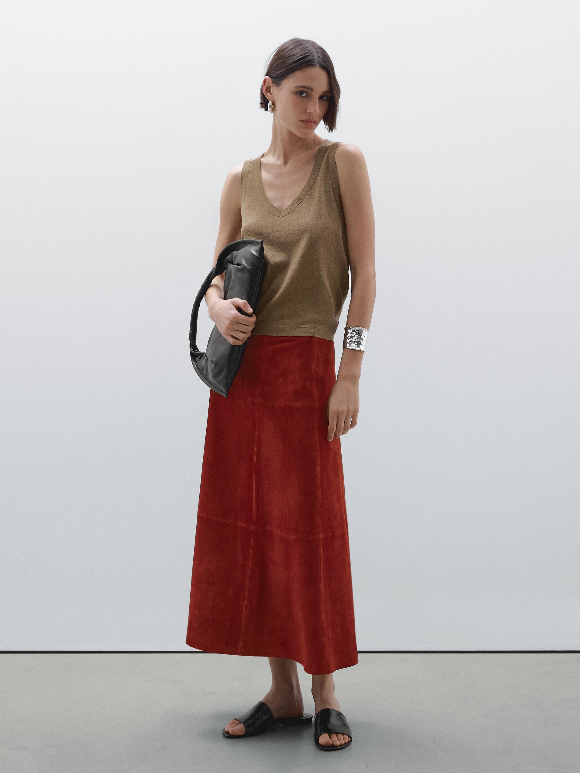 Gonna Midi Svasata In Pelle Scamosciata - Rosso - S - Massimo Dutti - Femminile