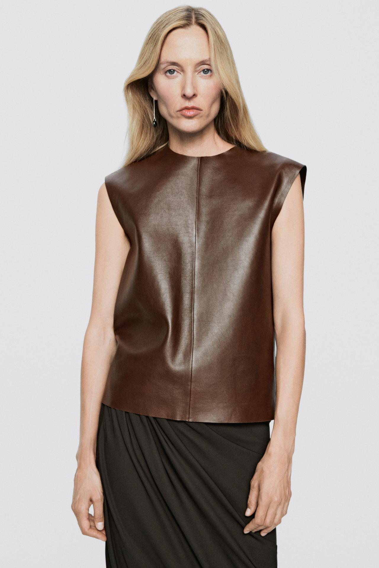 Round neck nappa leather top - LIMITED EDITION — Caramel