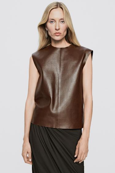 Round neck nappa leather top - LIMITED EDITION — Caramel 2