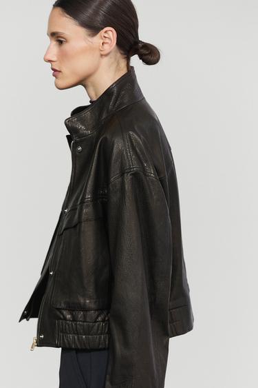 Short high collar Nappa leather jacket — BLACK 5
