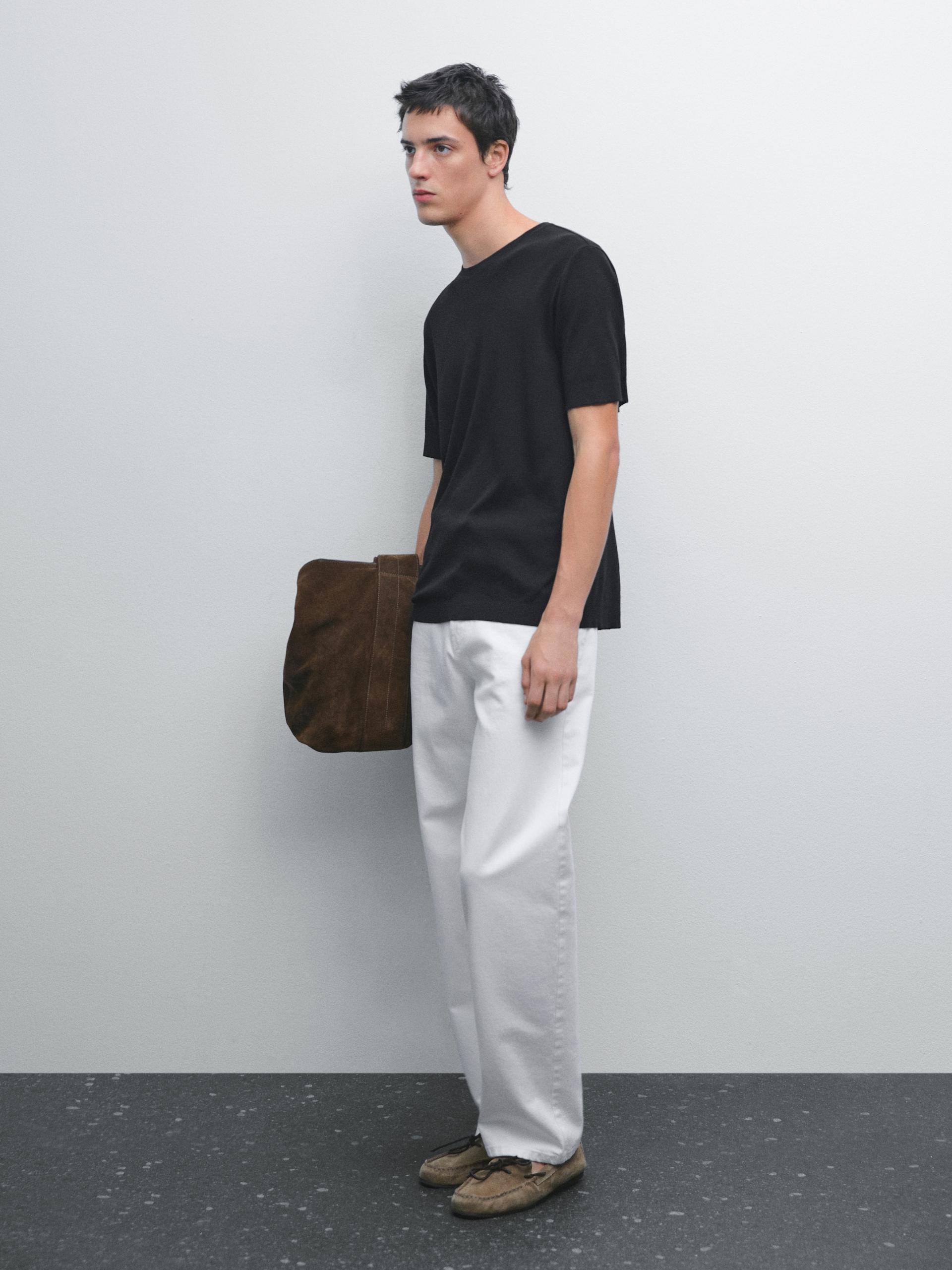 Koszulka Ze 100% Bawełny Z Prążkowanym Wykończeniem - Czarny - Xl - Massimo Dutti - Mężczyzna
