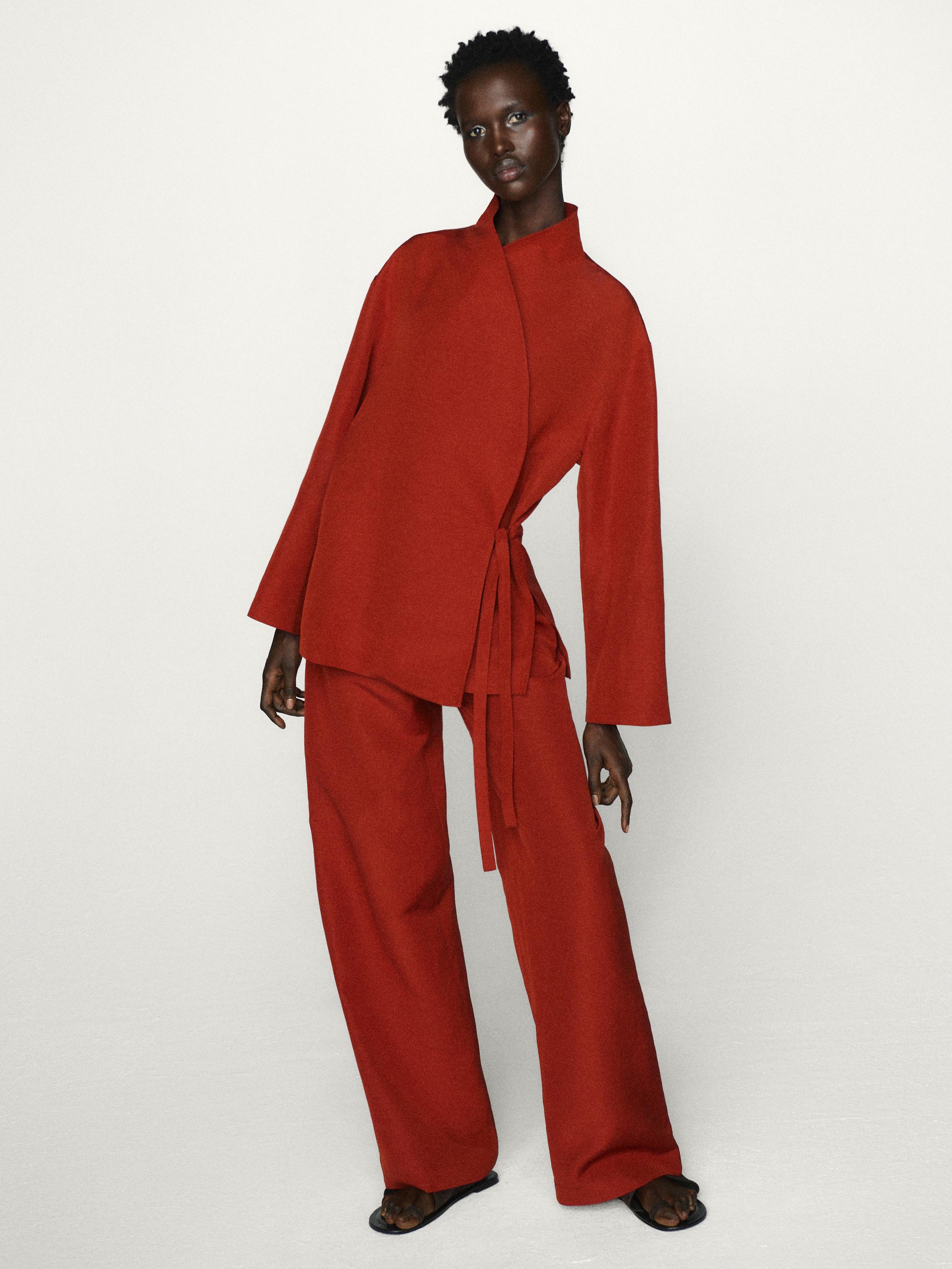 Flowing linen blend kimono with tuxedo-style collar
