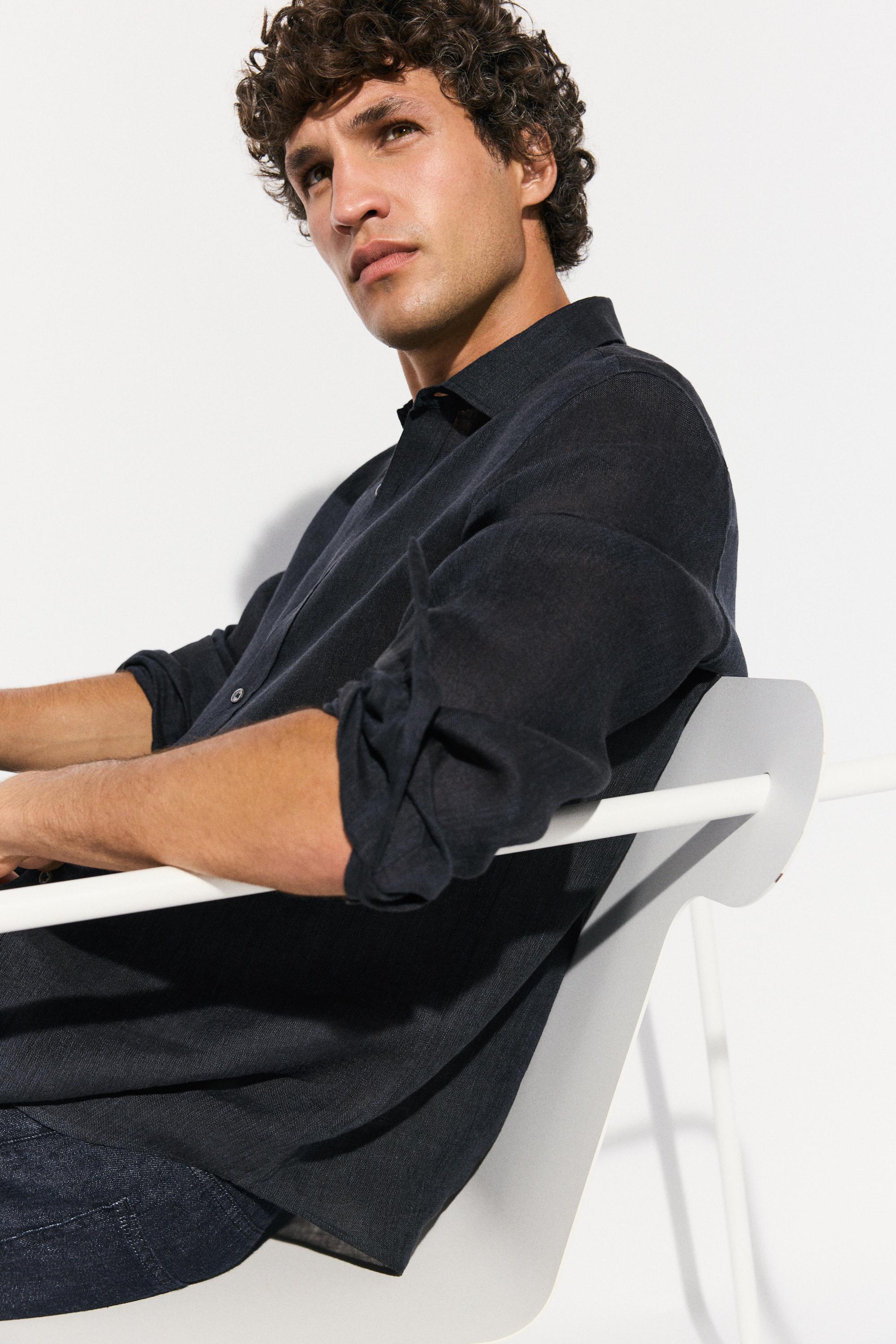 Regular fit 100% linen shirt — NAVY BLUE