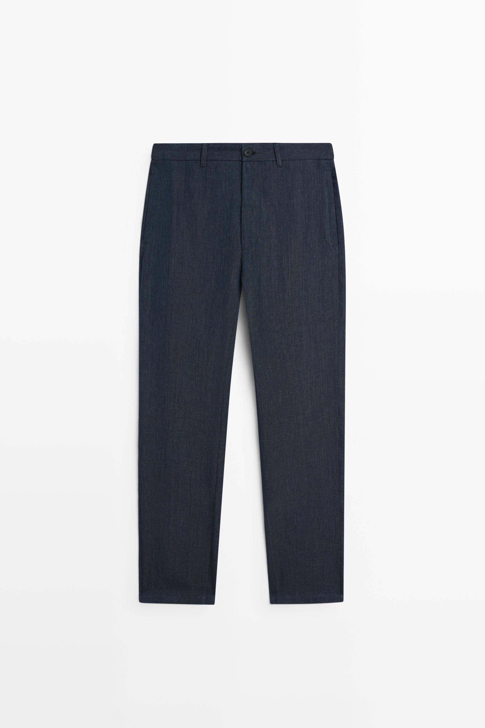 100% Linen Elastic-Waist Pants — NAVY BLUE