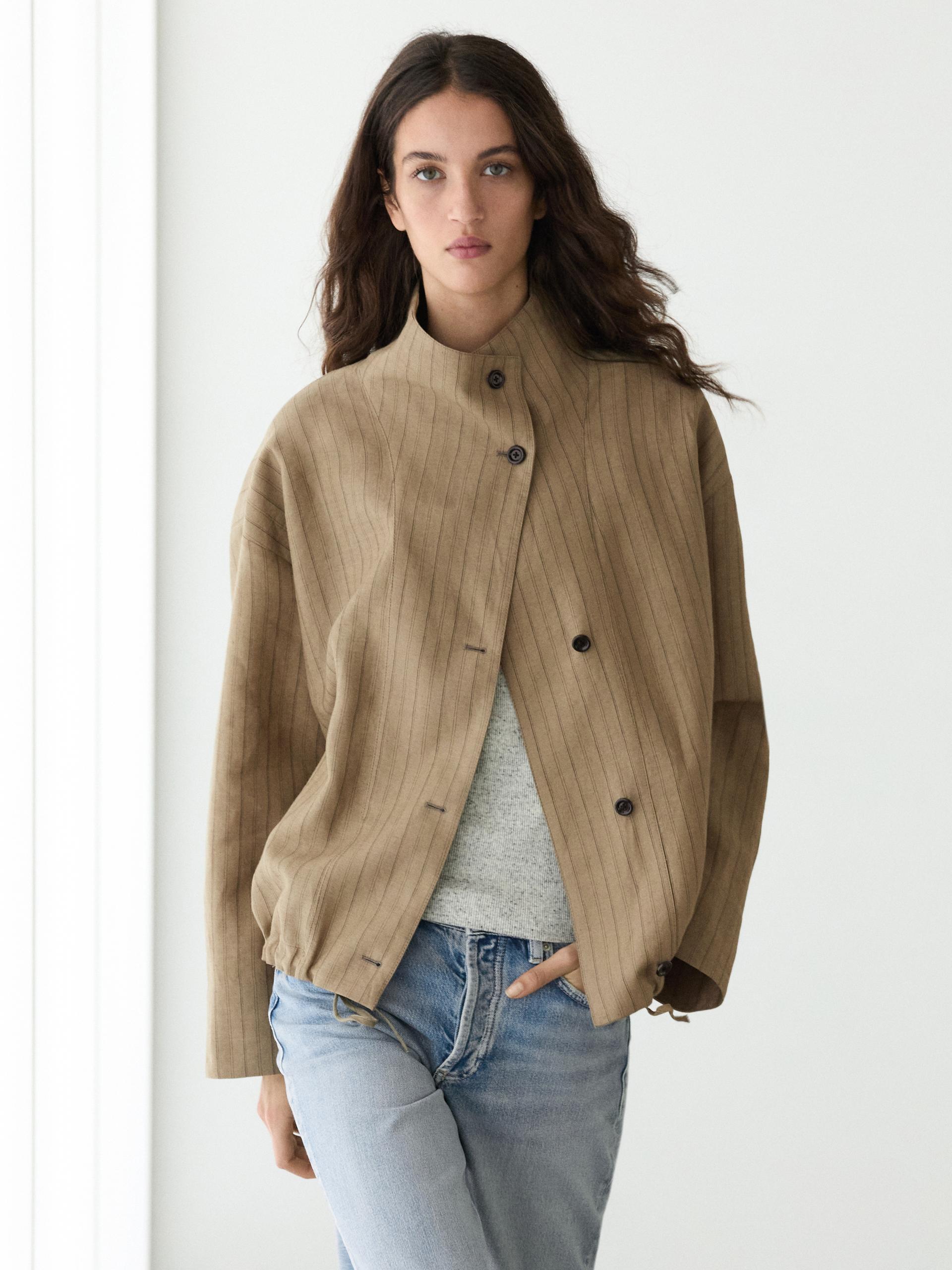 Bomber A Righe In Misto Lino - Kaki Chiaro - S - Massimo Dutti - Femminile