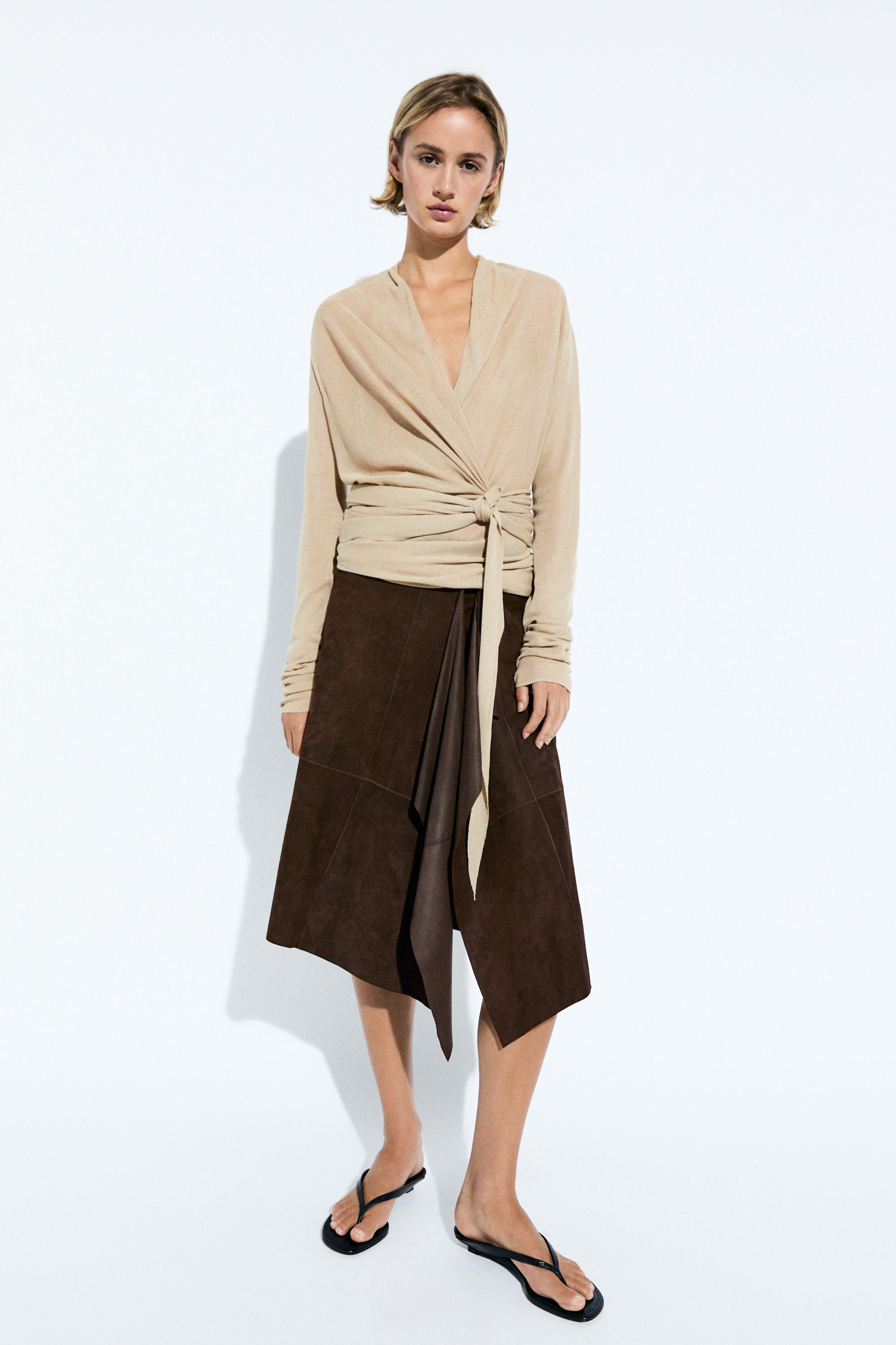 Draped wrap-effect knit cardigan — SAND