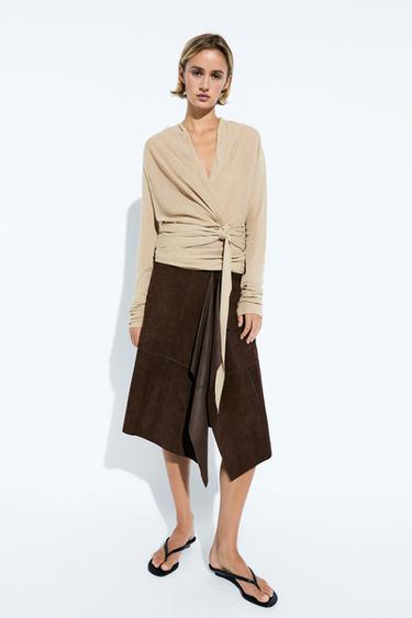 Draped wrap-effect knit cardigan — SAND 1