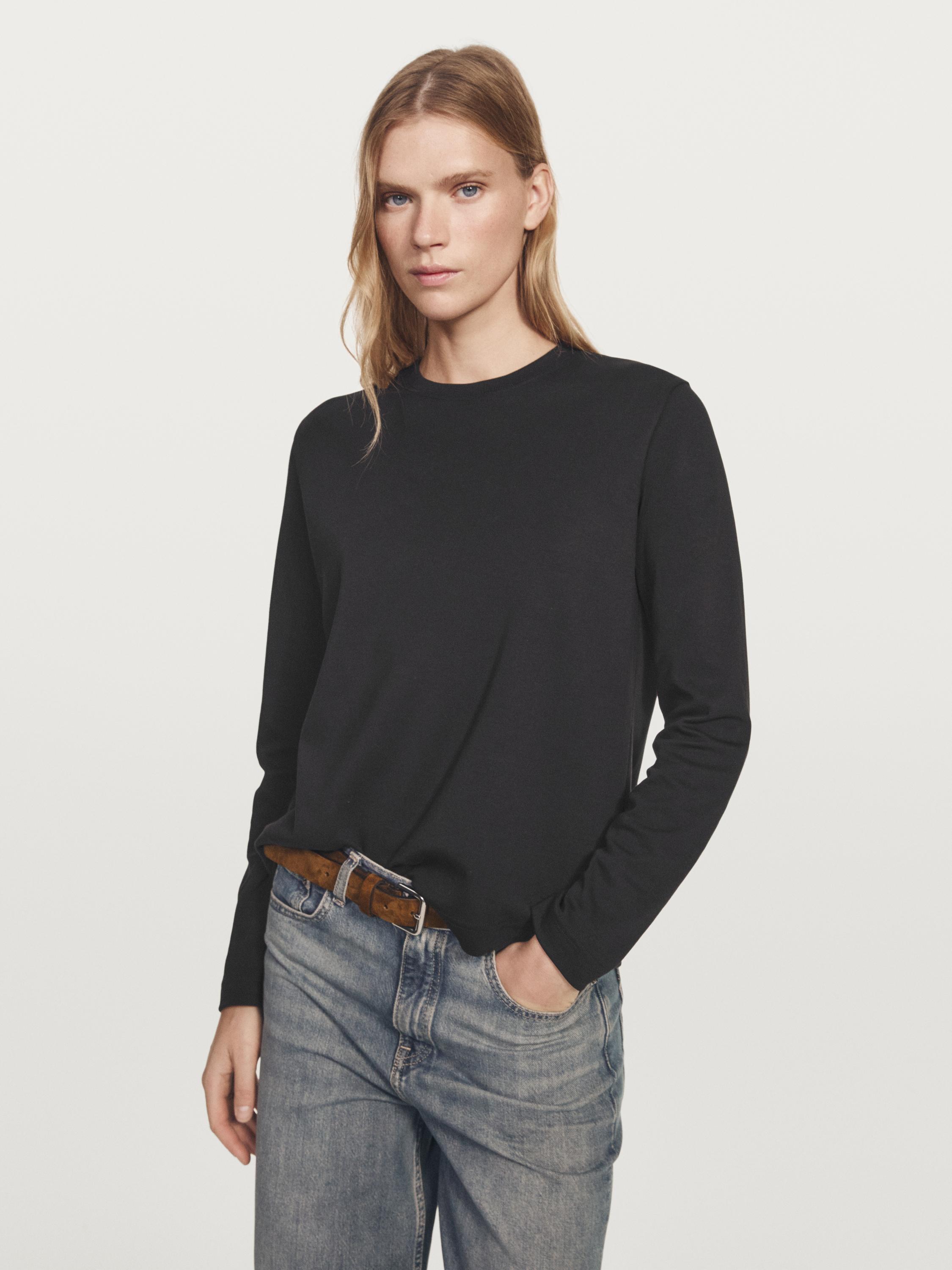 100% cotton interlock long sleeve T-shirt — BLACK