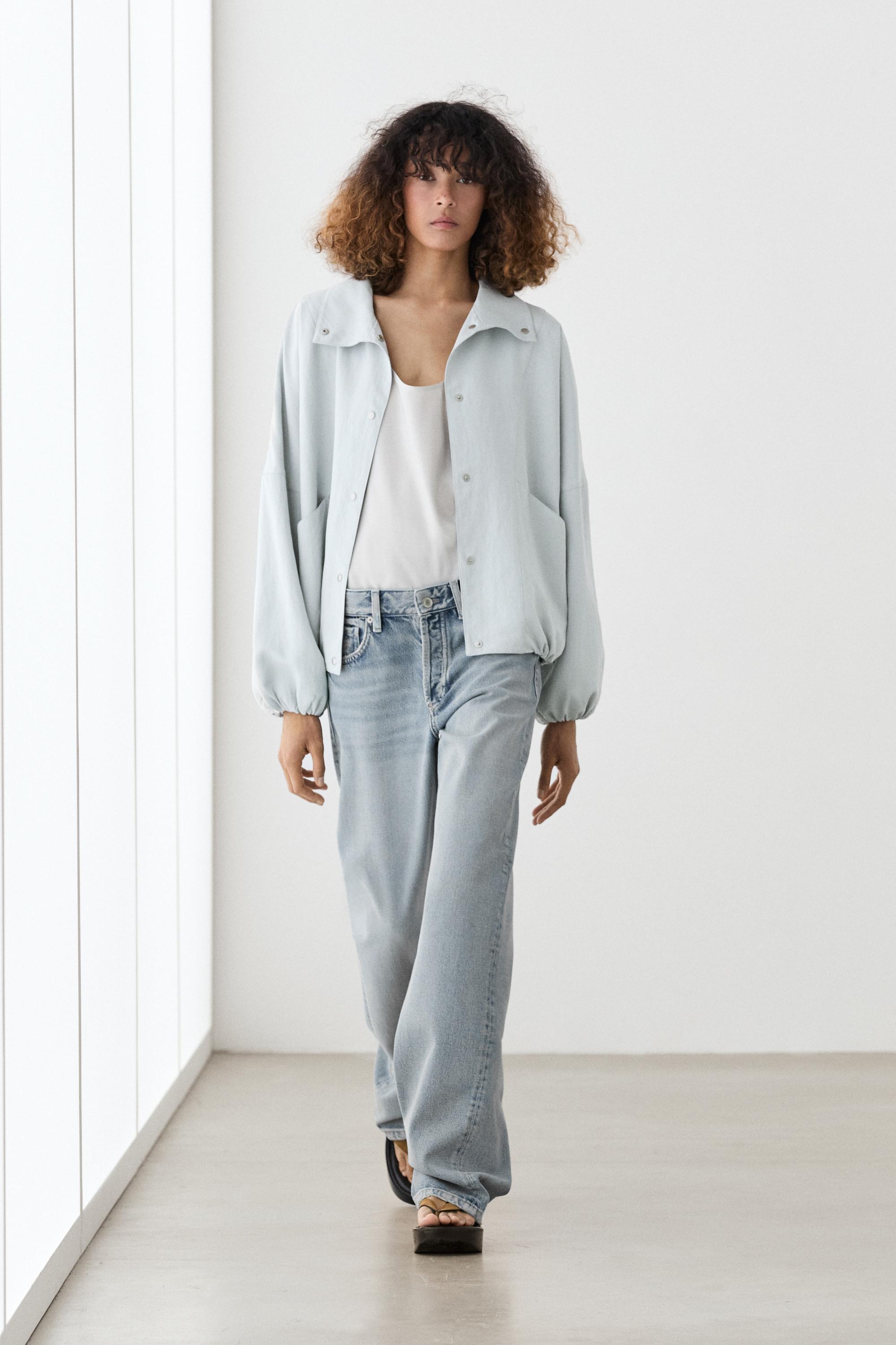 High collar bomber jacket with pocket details — Light blue
