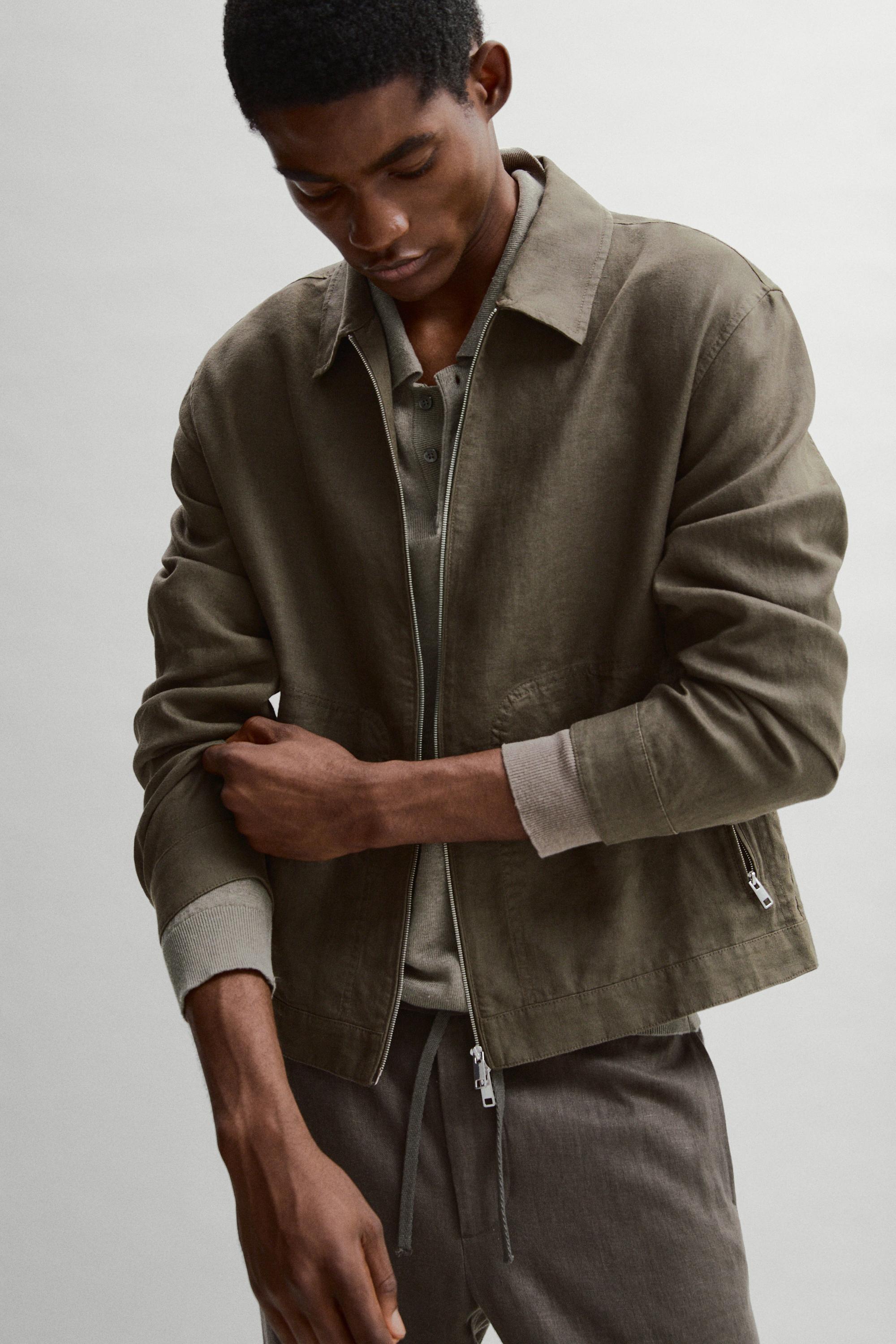 Cropped 100% linen jacket — KHAKI
