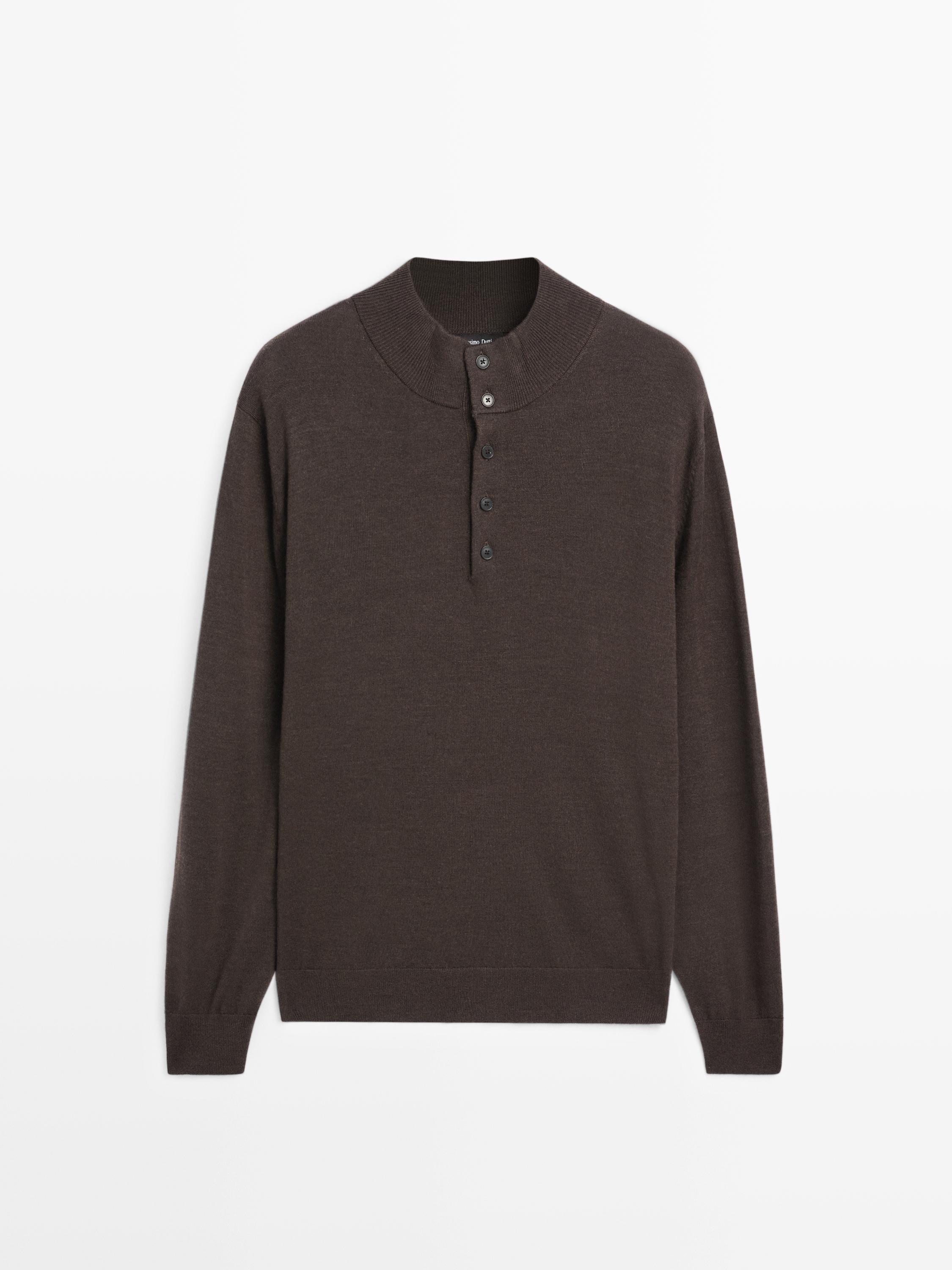 100% wool mock neck sweater with buttons