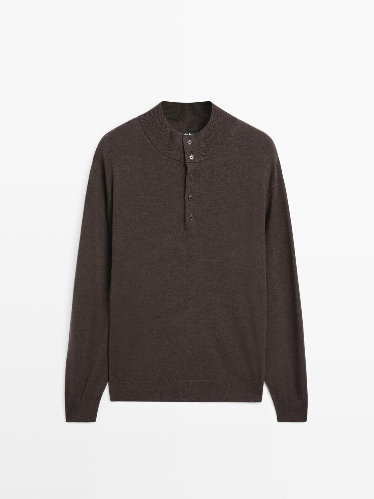 Massimo Dutti - Herre - Trøje I 100 % Uld Med Høj Hals Og Knapper - Grågrøn - S