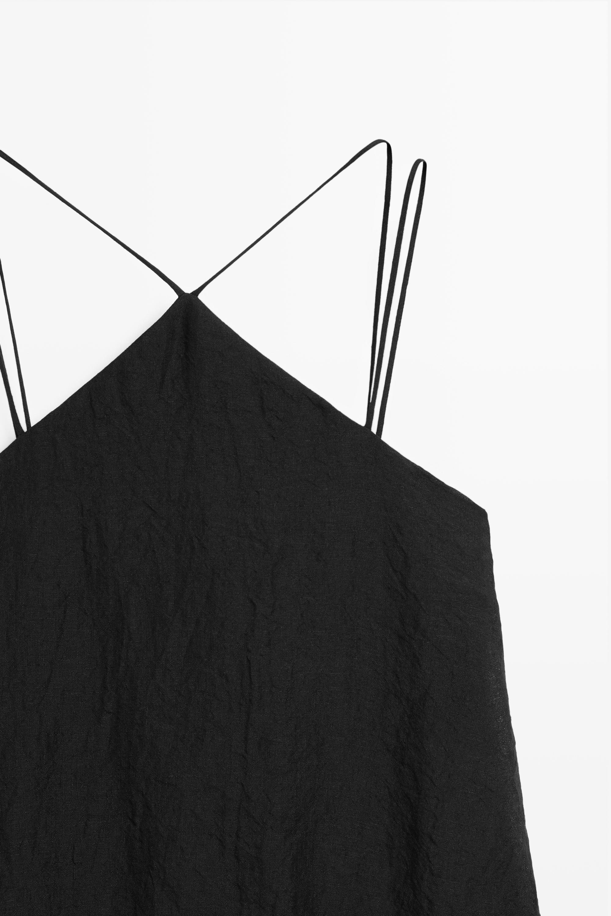 Flowing strappy 100% linen dress — BLACK