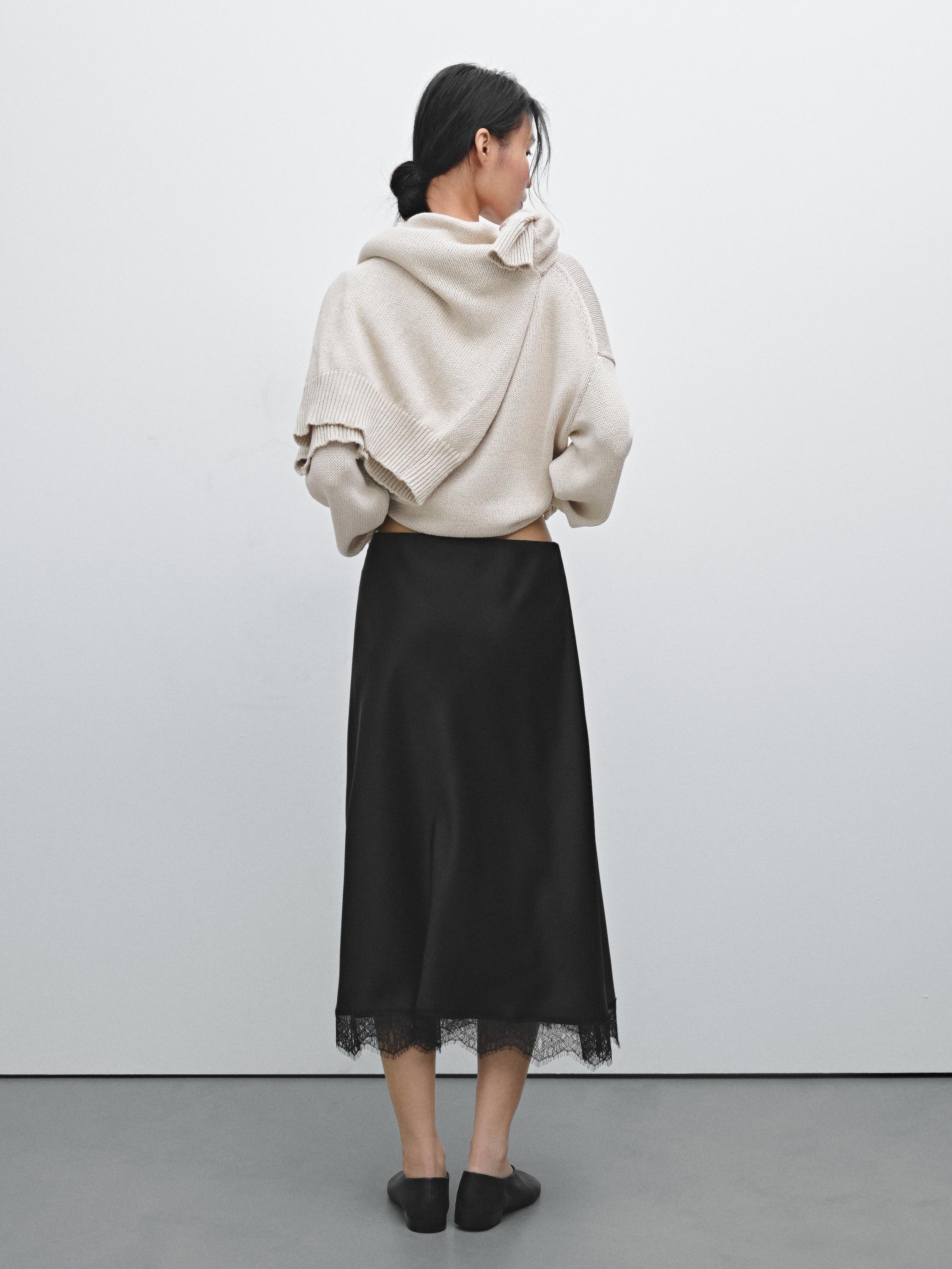 Satin midi skirt with lace detail