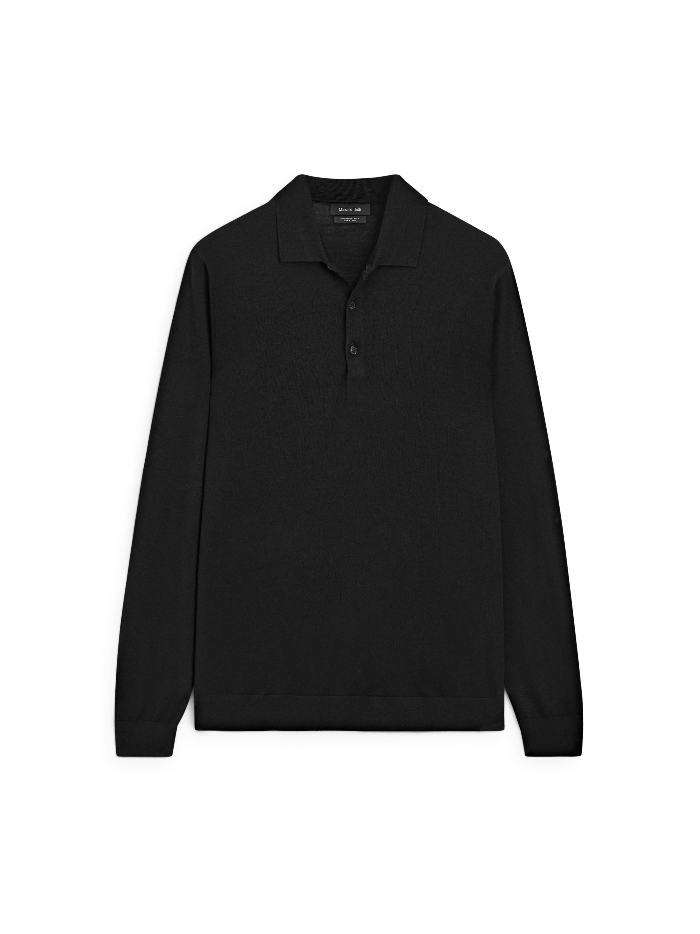 100% wool knit sweater with polo collar — BLACK